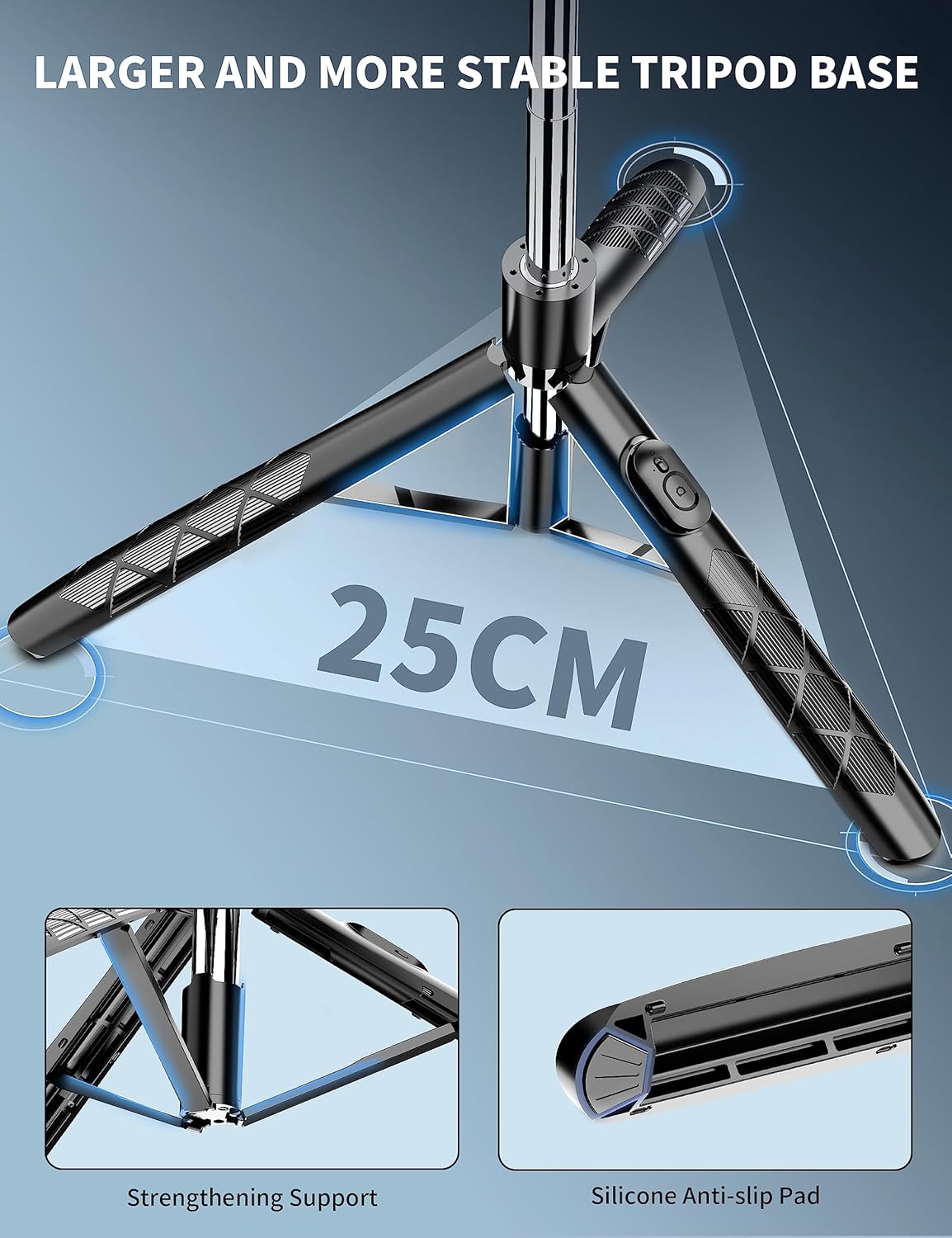 Highlights the product's larger and more stable tripod base to reassure customers about its stability and reliability.