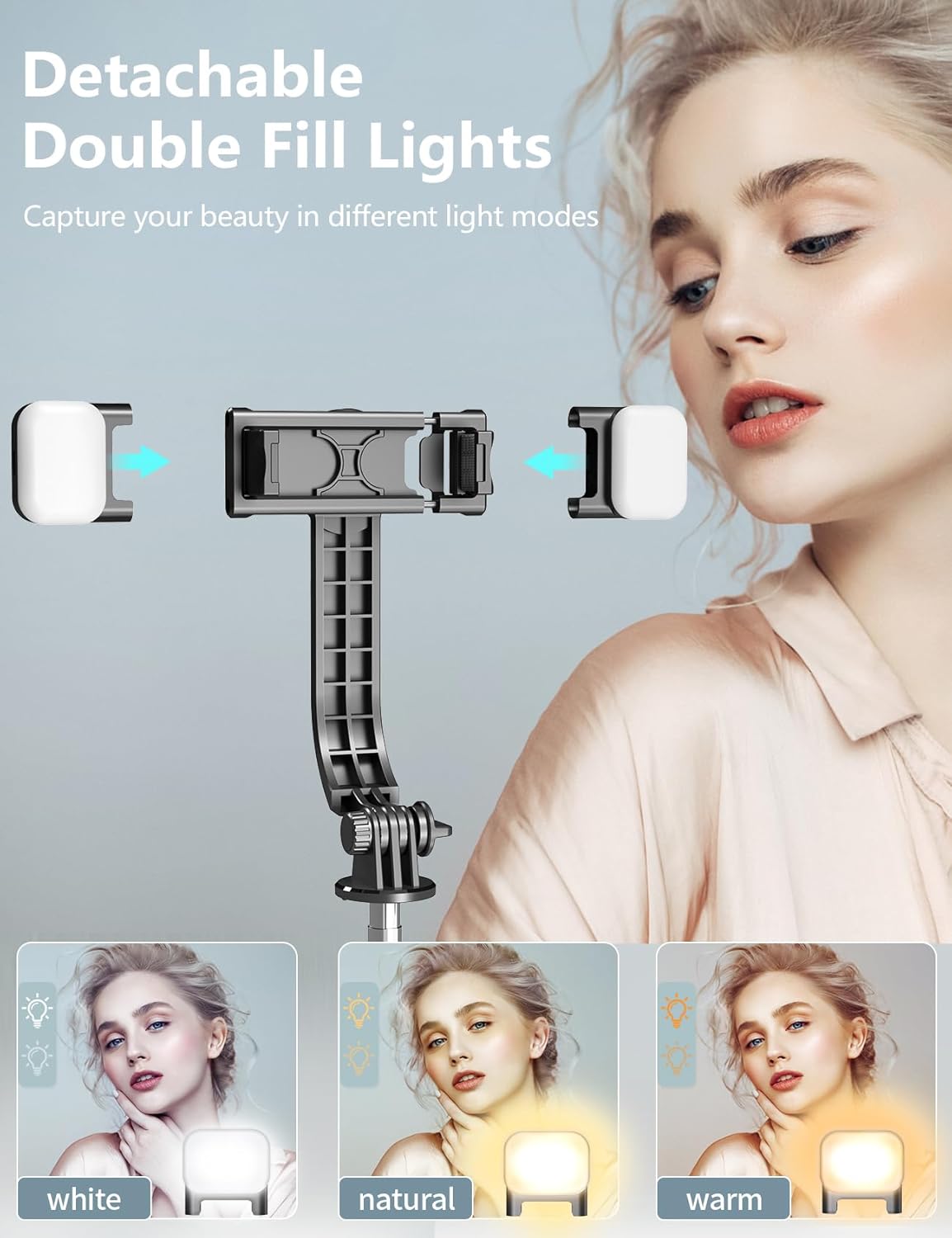 Highlights the product's detachable lighting feature, showcasing how it can capture beauty in different light modes.