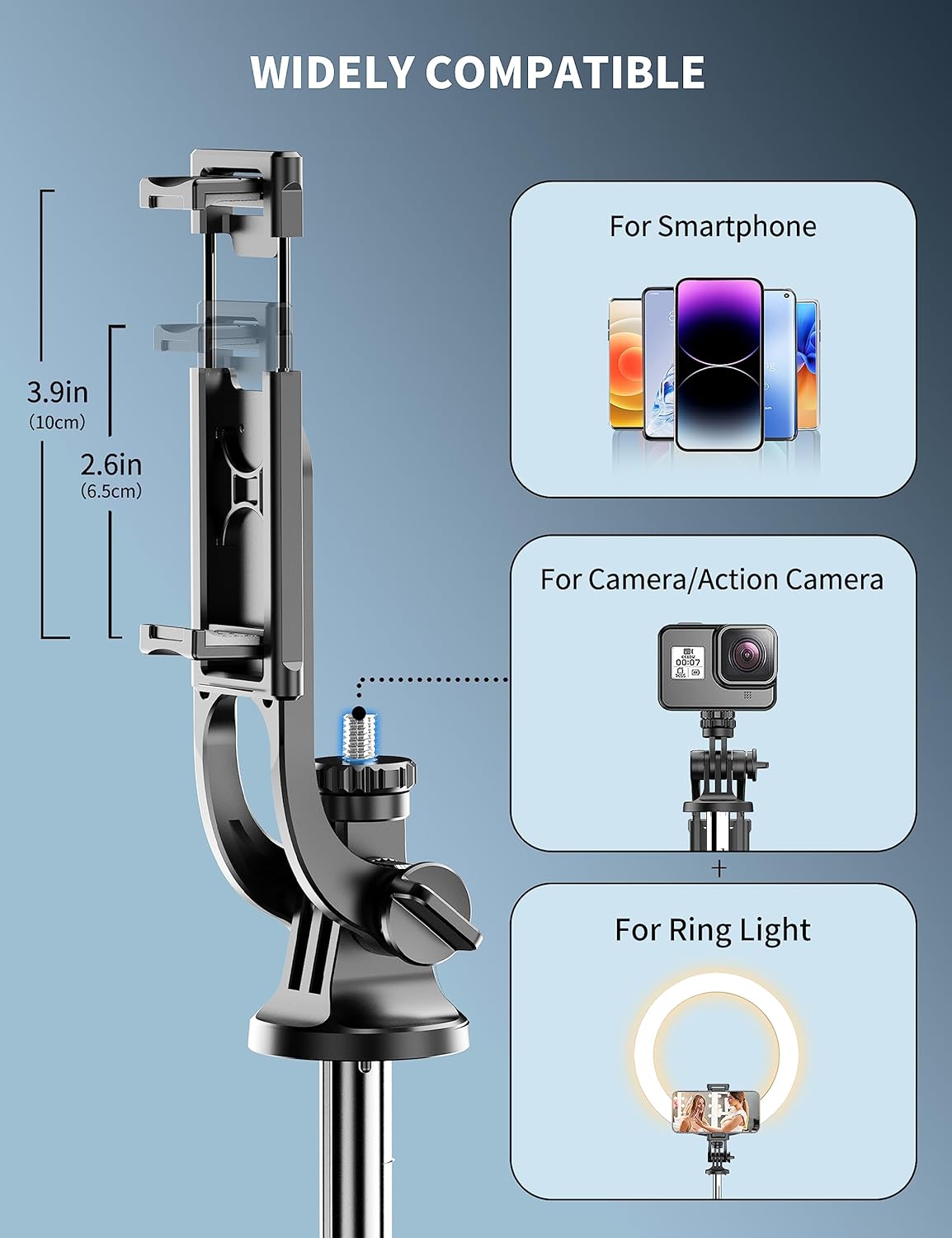 Demonstrates the product's compatibility with various devices including smartphones, cameras, action cameras, and ring lights.