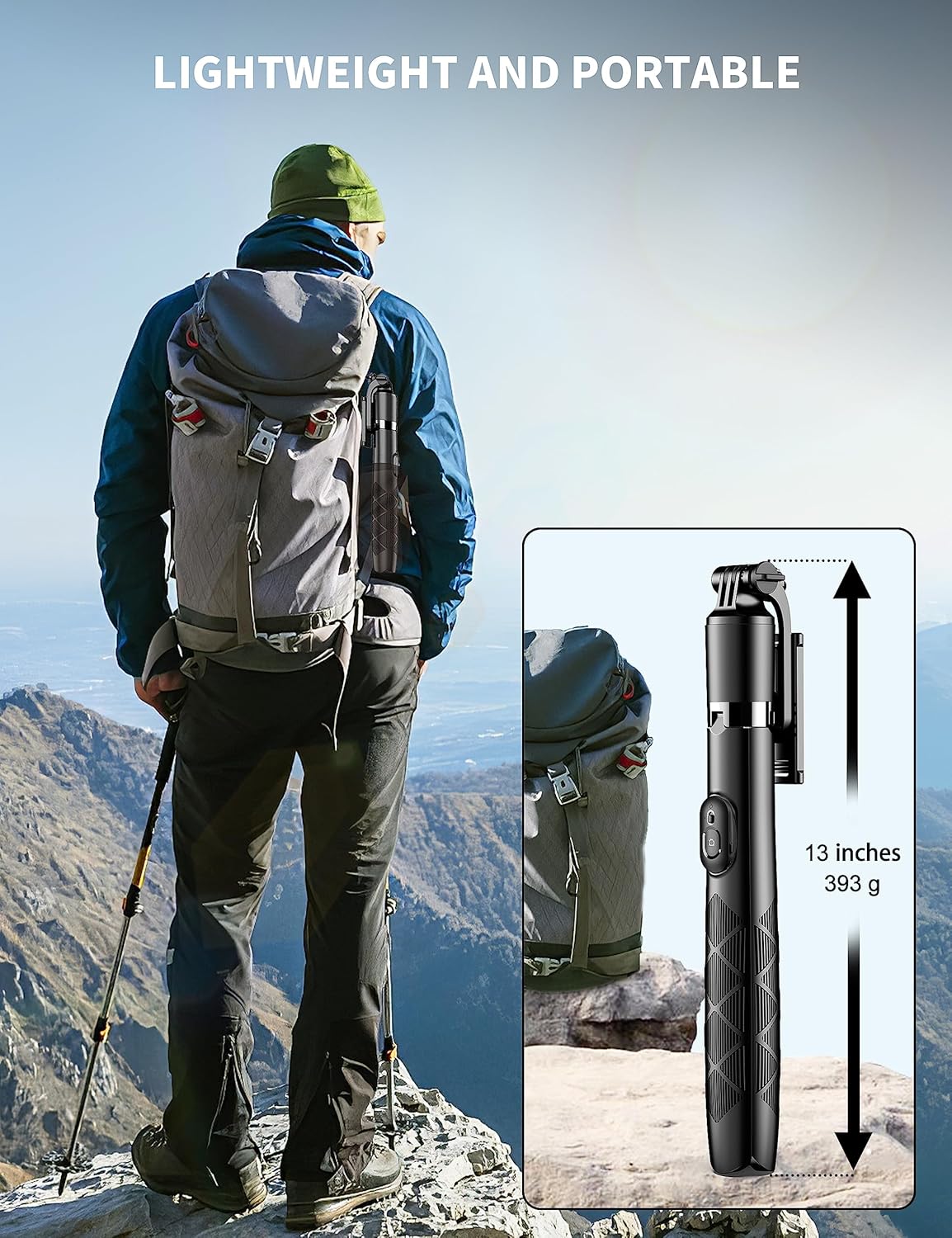 Emphasizes the product's lightweight and portable nature, making it ideal for outdoor activities like hiking.