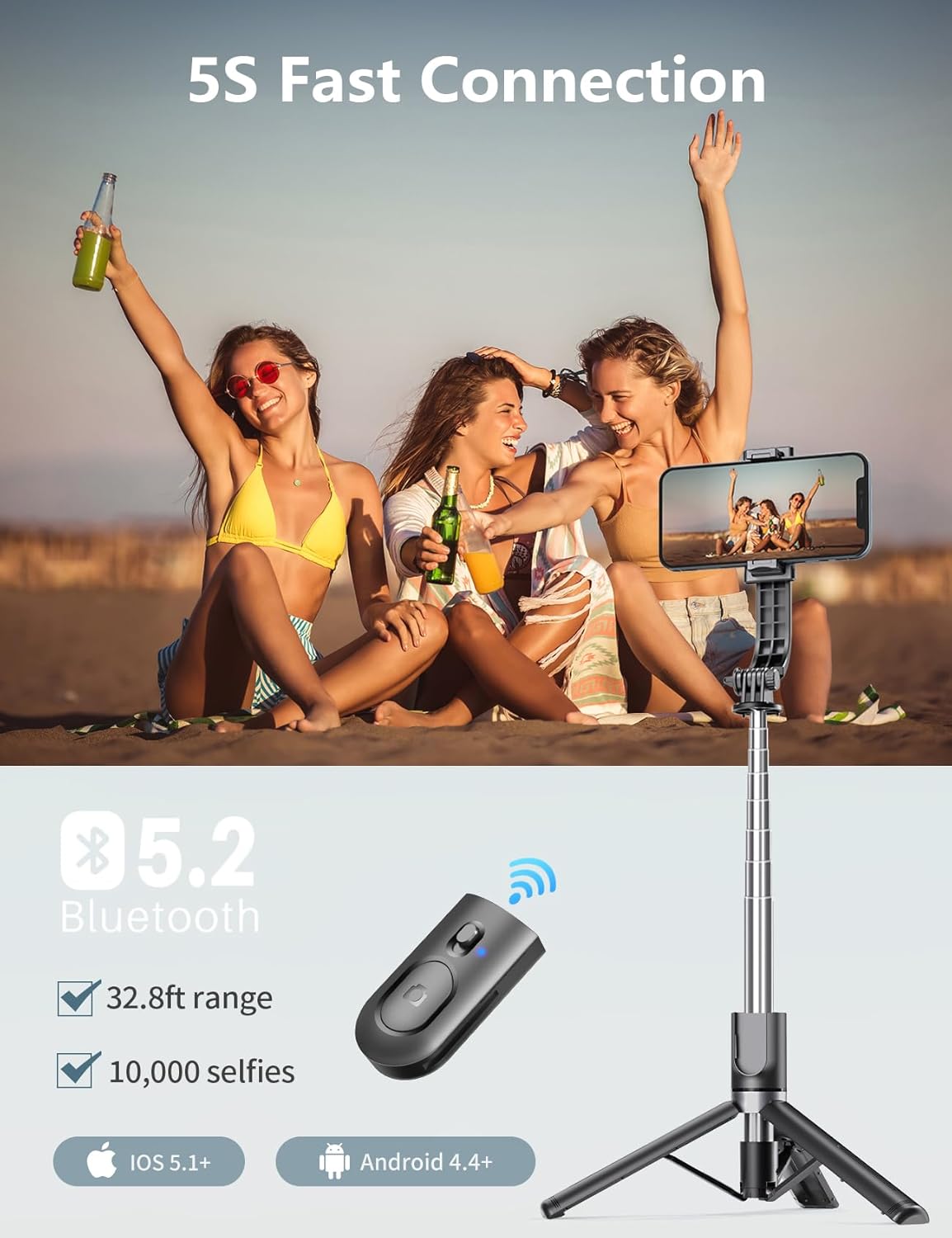 Highlights the product's fast 5S Bluetooth connection feature, emphasizing its ease of use for taking group selfies and photos.