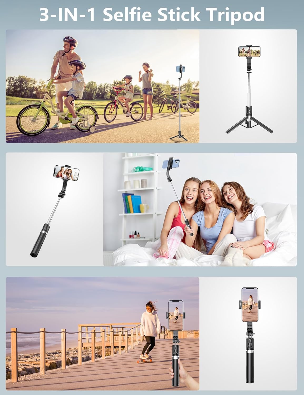 Demonstrates the various ways the 3-in-1 selfie stick tripod can be used in different settings and scenarios. Highlights the product's versatility as a selfie stick, tripod, and handheld device for…