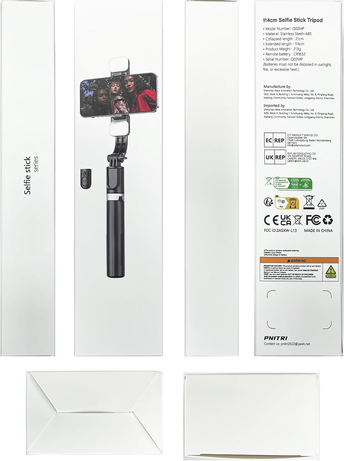Shows all the components included with the selfie stick tripod, including the main stick, phone mount, and remote control. Highlights the key features and specifications of the selfie stick,…
