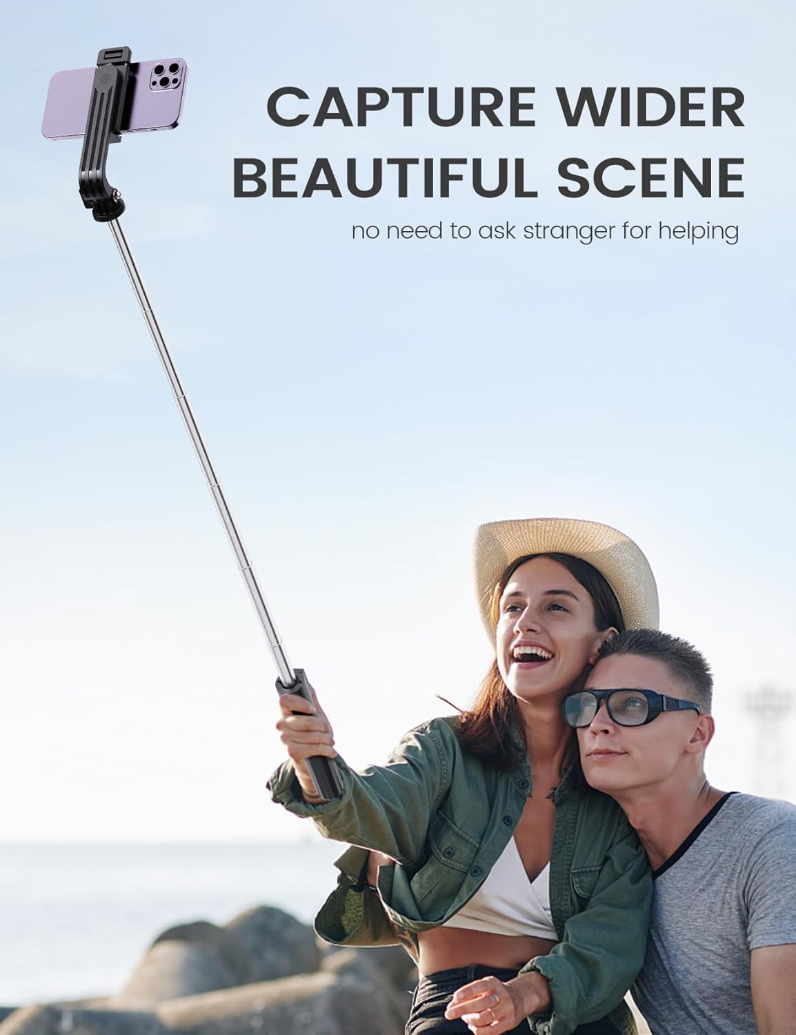Demonstrates how the selfie stick allows users to capture wider, more scenic photos without needing help from others.