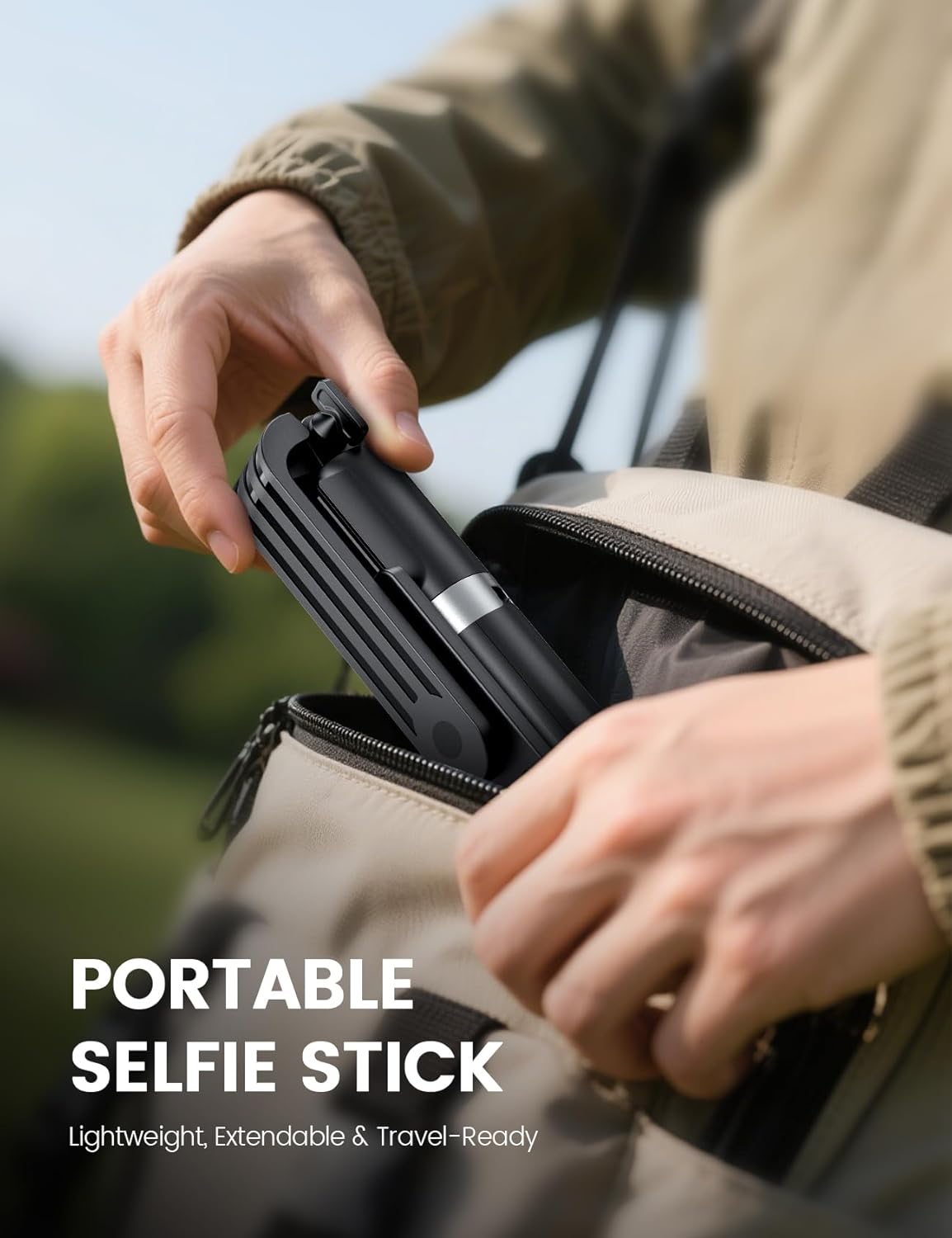 Demonstrates the product's portability and suitability for travel, showing how easily it fits into a bag. Highlights the selfie stick's portability as its key feature, emphasizing its lightweight…