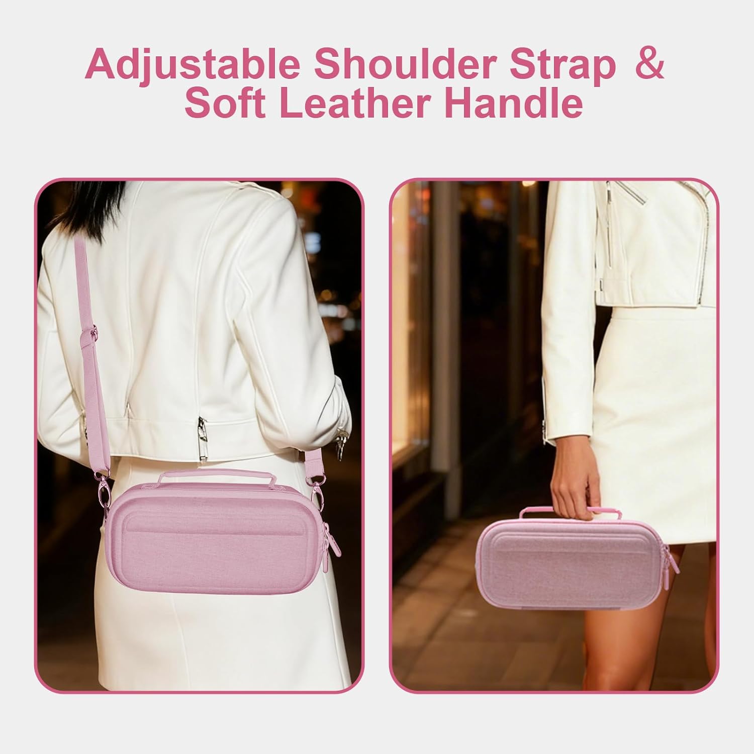 Highlights the versatility and comfort of the bag's carrying options, emphasizing its adjustable shoulder strap and soft leather handle for user convenience.
