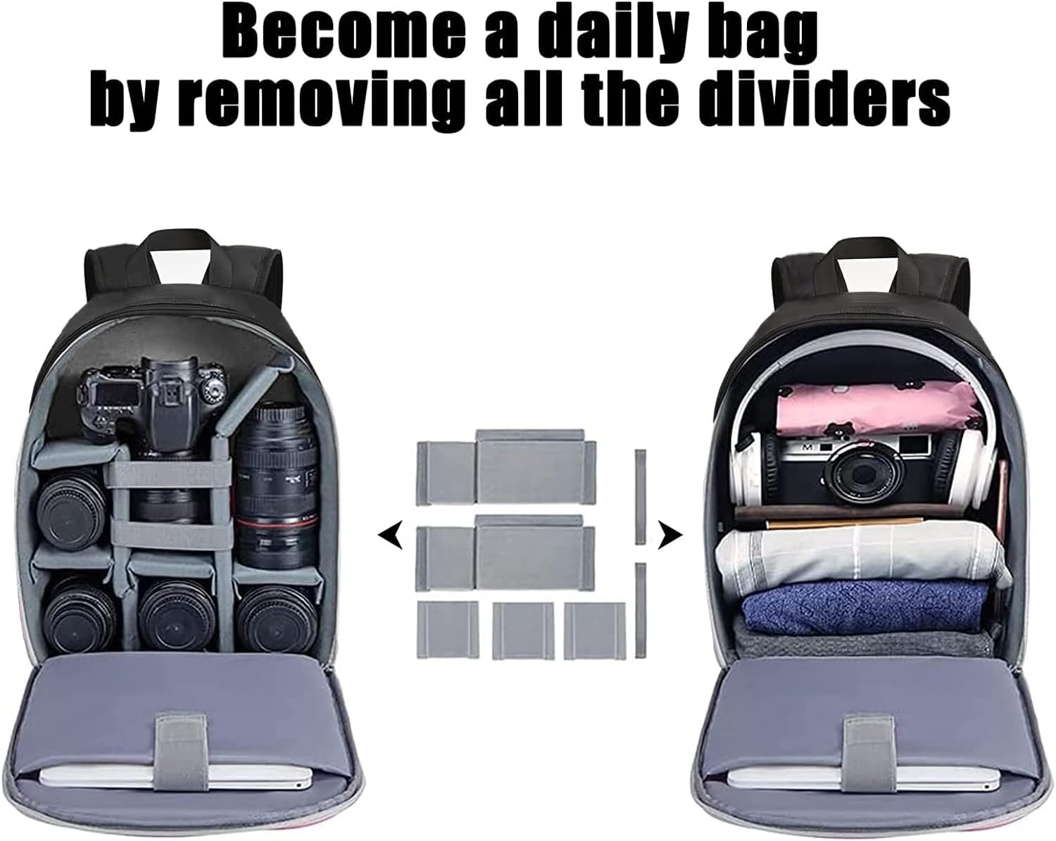 Demonstrates how to convert a camera bag into a daily use bag by removing dividers, showing versatility of the product. Shows the bag's versatility for both camera gear storage and everyday items,…