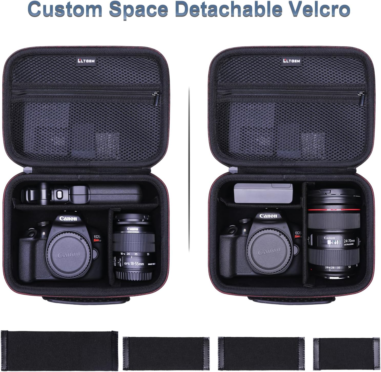 Shows how the camera case can be customized to fit different camera bodies and lenses using detachable velcro dividers.