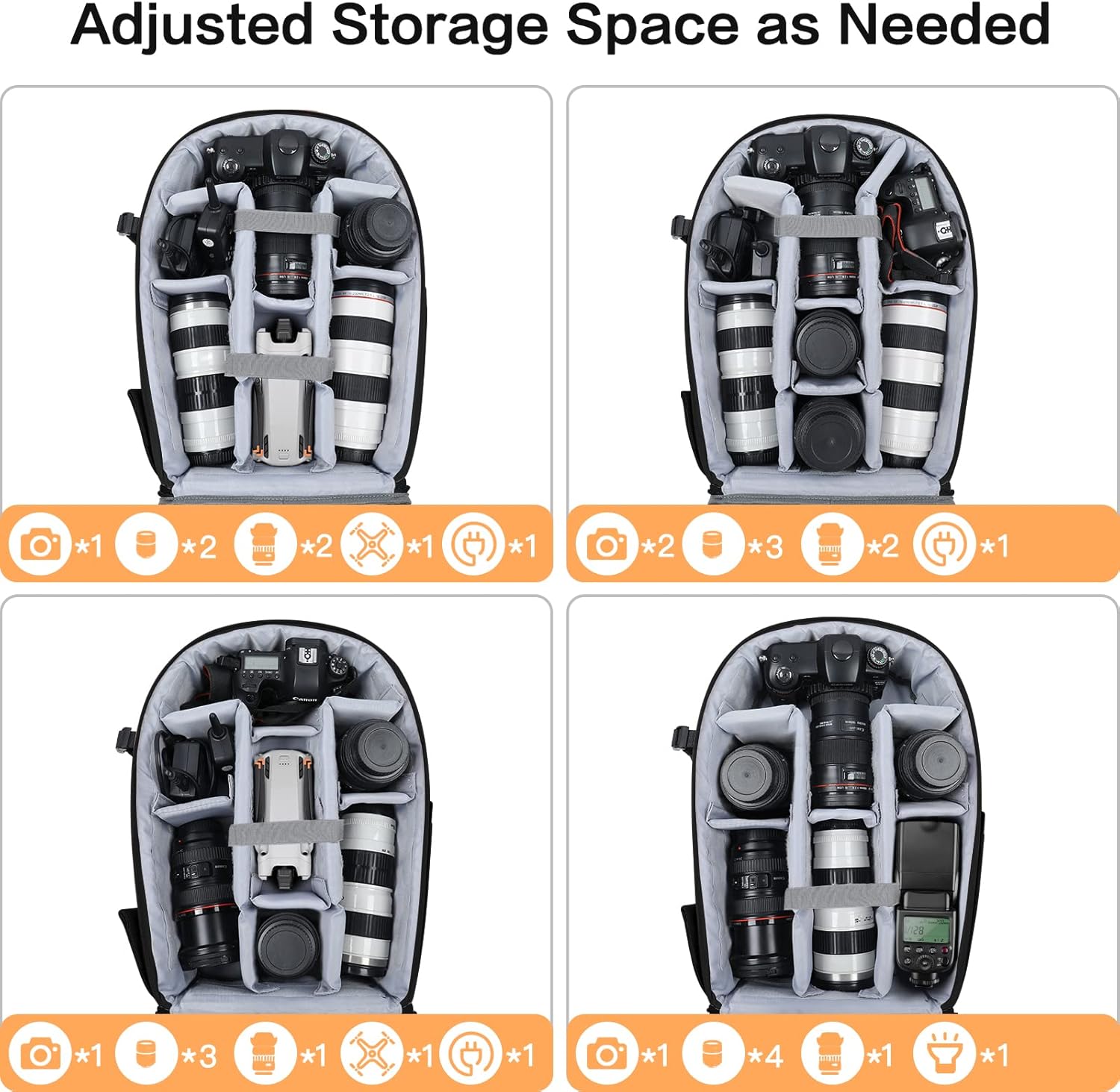 Demonstrates the camera bag's versatility in accommodating different equipment setups, showing how it can be adjusted to fit various combinations of cameras, lenses, and accessories.