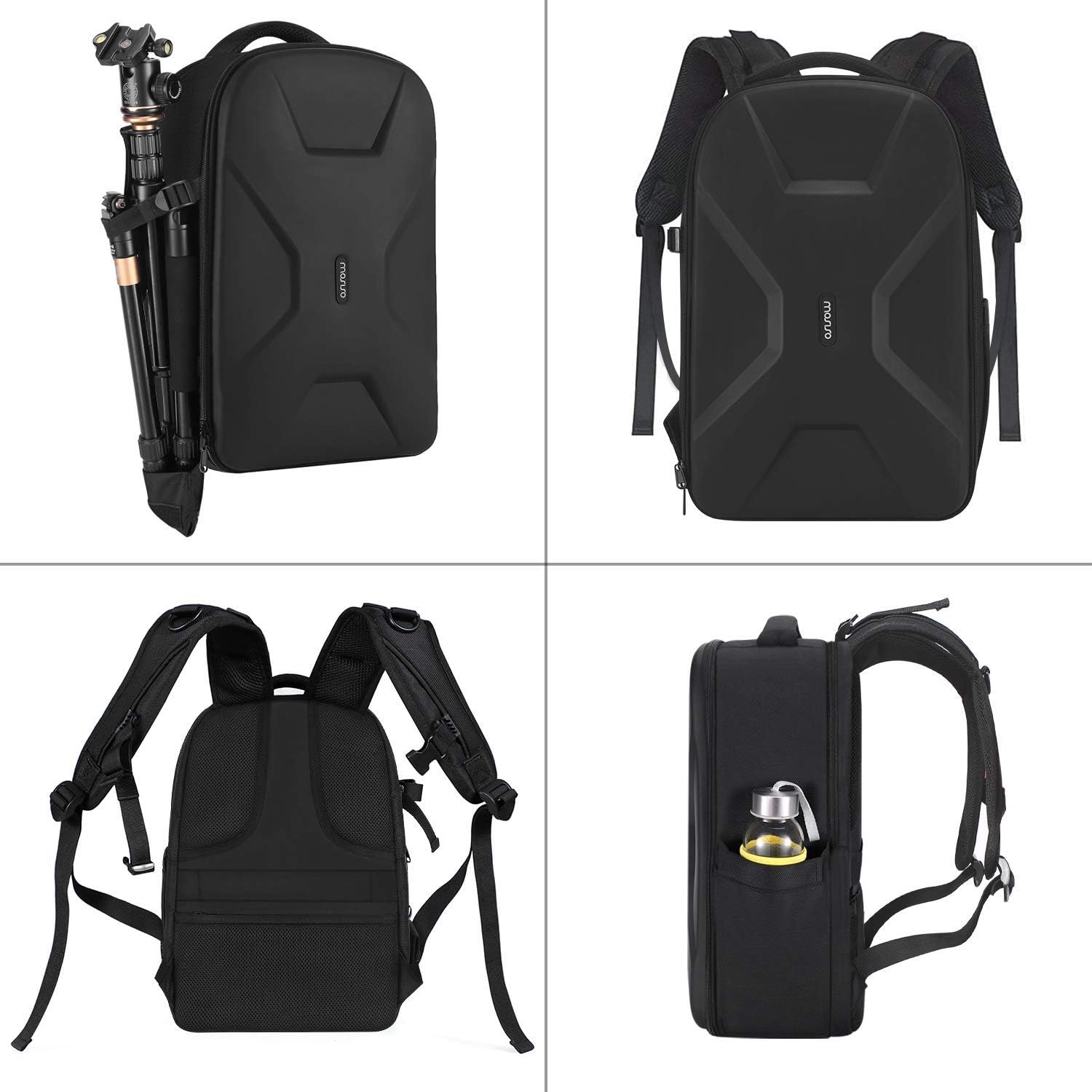 Shows the backpack's capacity to store camera gear and attach a tripod, demonstrating its functionality for photographers. Illustrates multiple views and uses of the backpack, highlighting its…