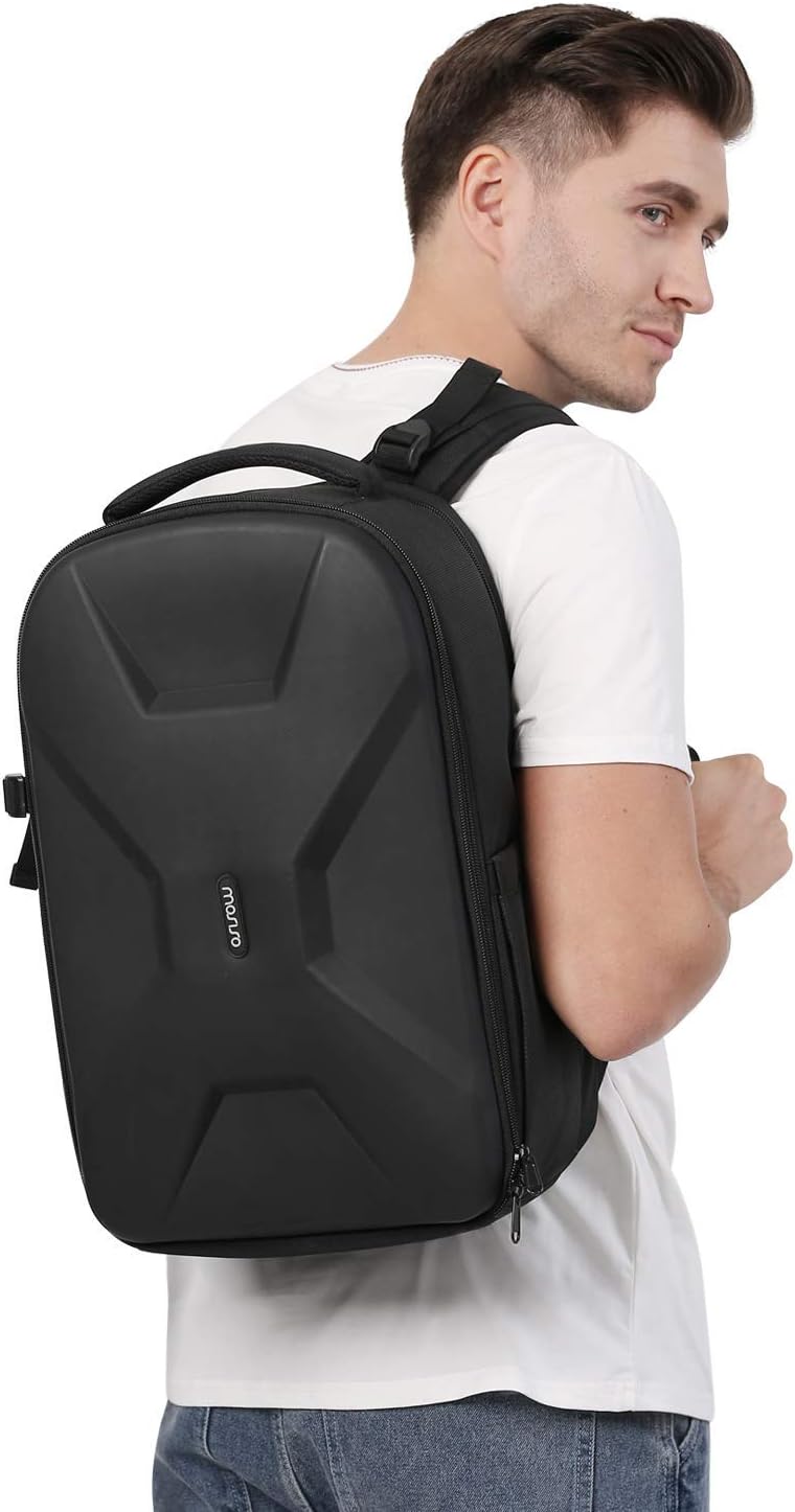 Demonstrates how the backpack looks when worn, showcasing its comfortable fit and sleek design on a model.