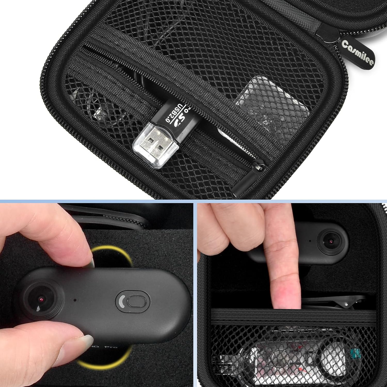 Shows the contents of the camera accessory kit, highlighting the storage case and included items like USB drive and camera.