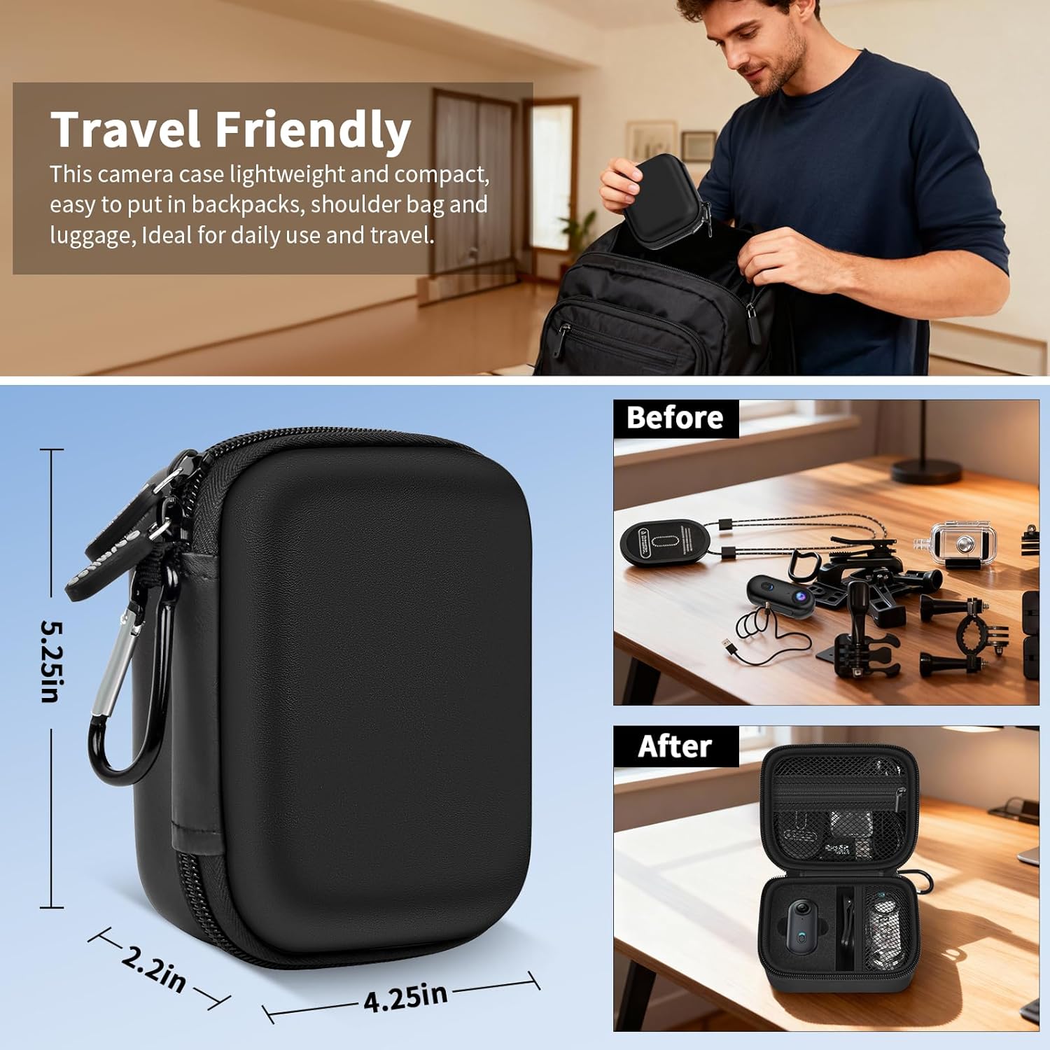 Demonstrates the versatility and portability of the camera case for various travel scenarios and everyday use. Provides exact measurements of the camera case to show its small, travel-friendly size.