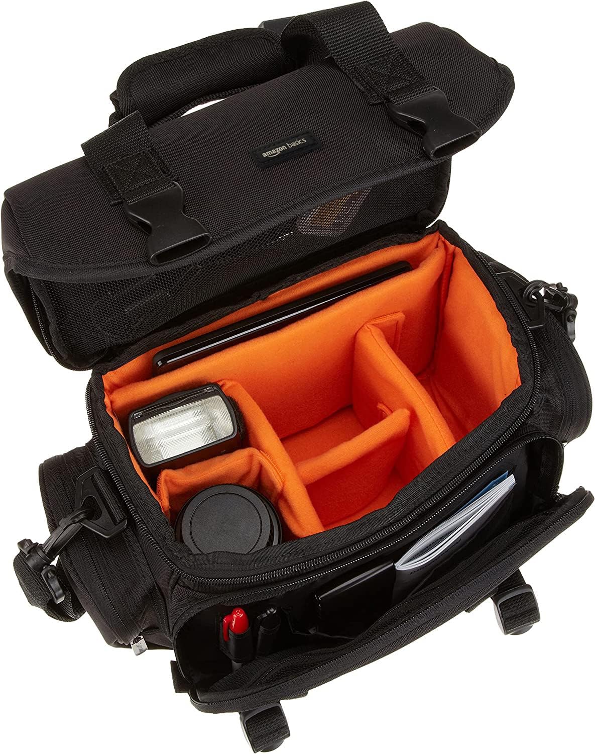 Shows the interior organization and capacity of the camera bag, highlighting its ability to safely store camera equipment and accessories.