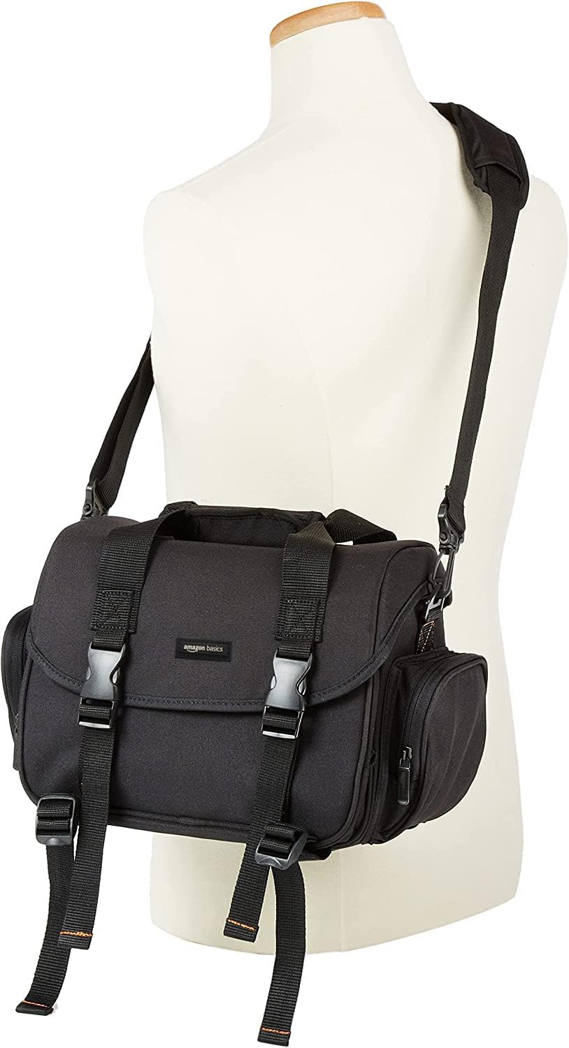 Shows the camera bag's design and carrying options to demonstrate its functionality and versatility.