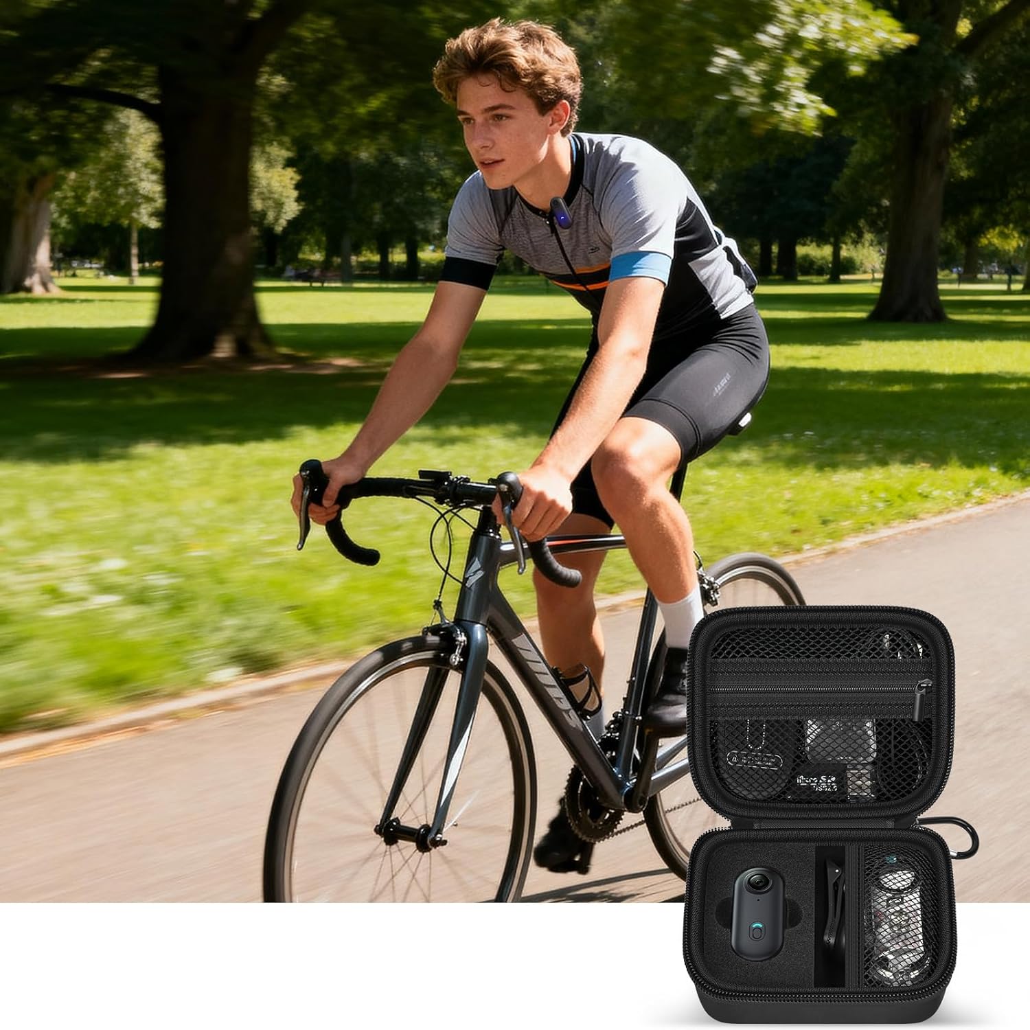 Demonstrates the product's use case for outdoor cycling, showing how it can be used during active sports. Shows the product comes with a protective carrying case and potentially other accessories…