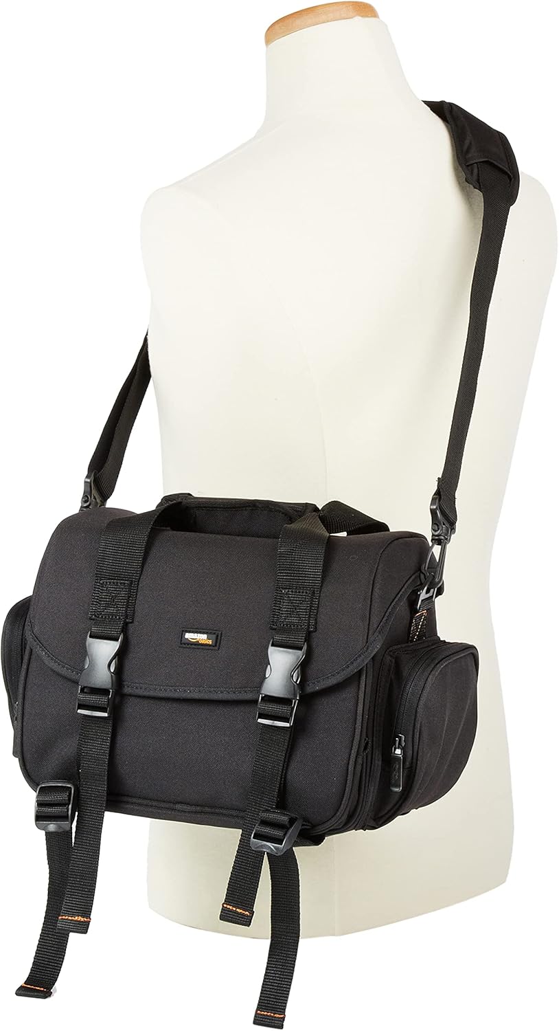 Shows the camera bag's design and carrying options to demonstrate its versatility and functionality.
