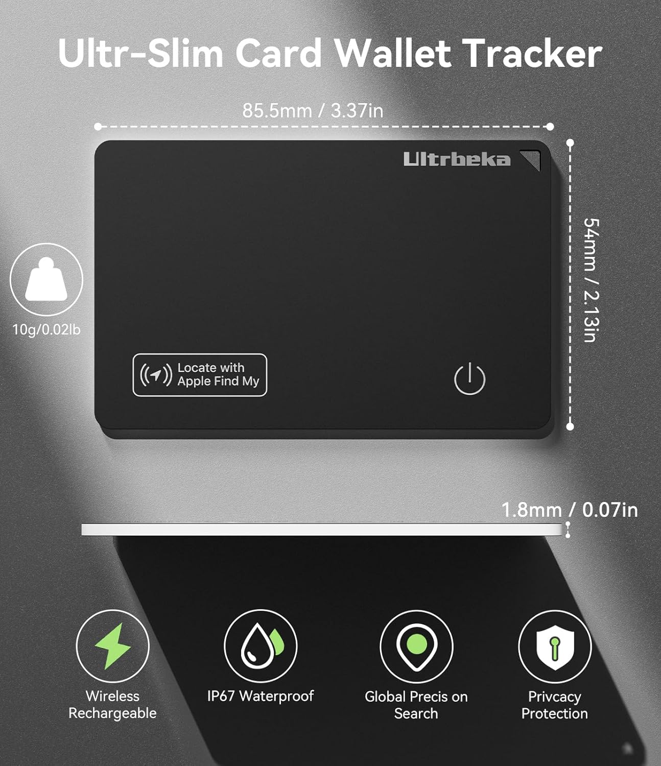 Highlights multiple key features of the card wallet tracker to showcase its versatility and advanced capabilities. Provides exact measurements to emphasize the product's slim and lightweight design,…