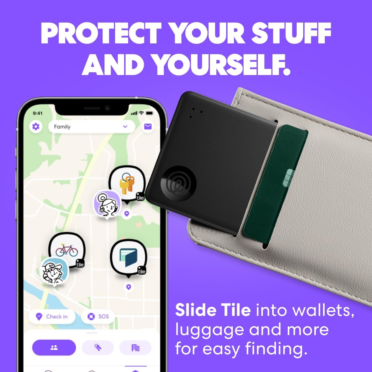 Demonstrates how the Tile product can be used to track various items and provide personal safety features through a mobile app.