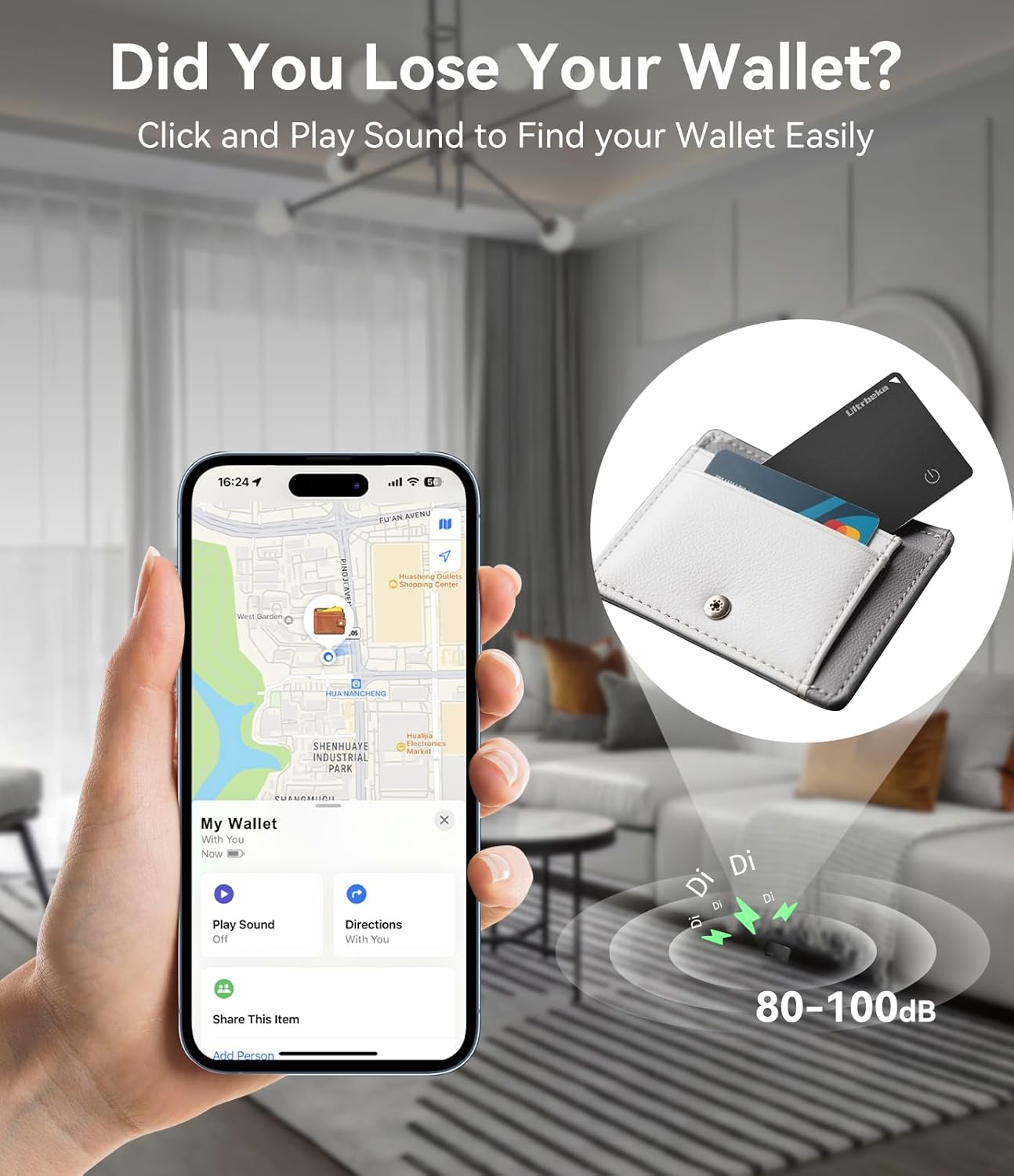 Demonstrates how to use the product's sound feature to easily locate a lost wallet. Highlights the product's ability to emit sound for locating lost items, specifically a wallet.