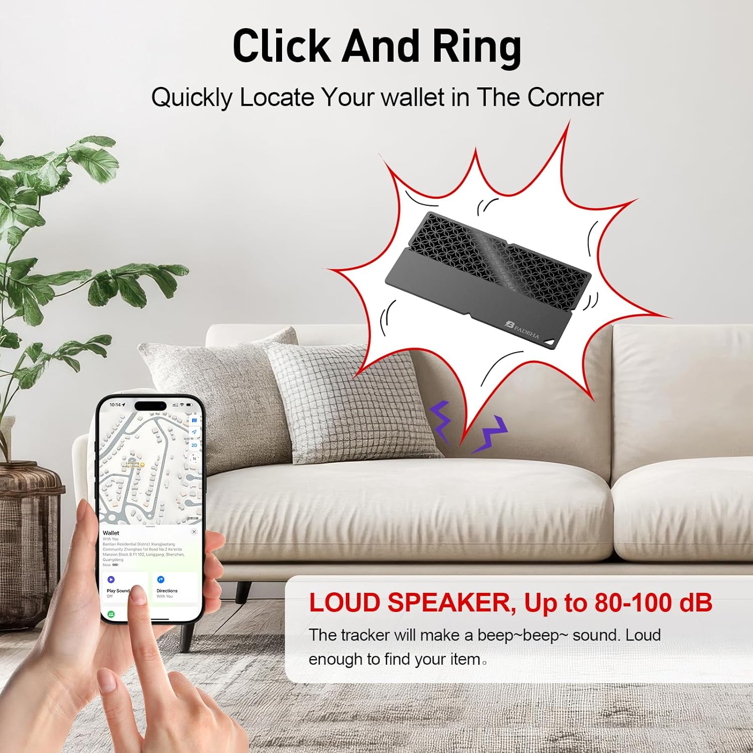 Demonstrates how the product helps users quickly locate their wallet using a smartphone app and loud sound feature.