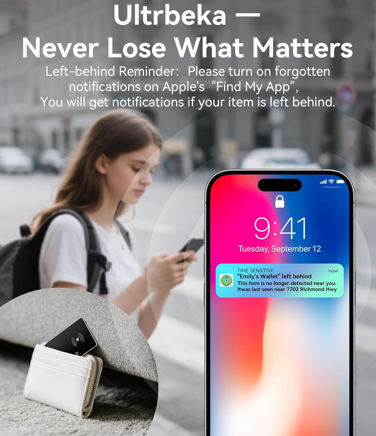 Demonstrates how the product integrates with Apple's Find My app to prevent losing valuable items. Highlights the product's ability to send notifications when an item is left behind, emphasizing its…