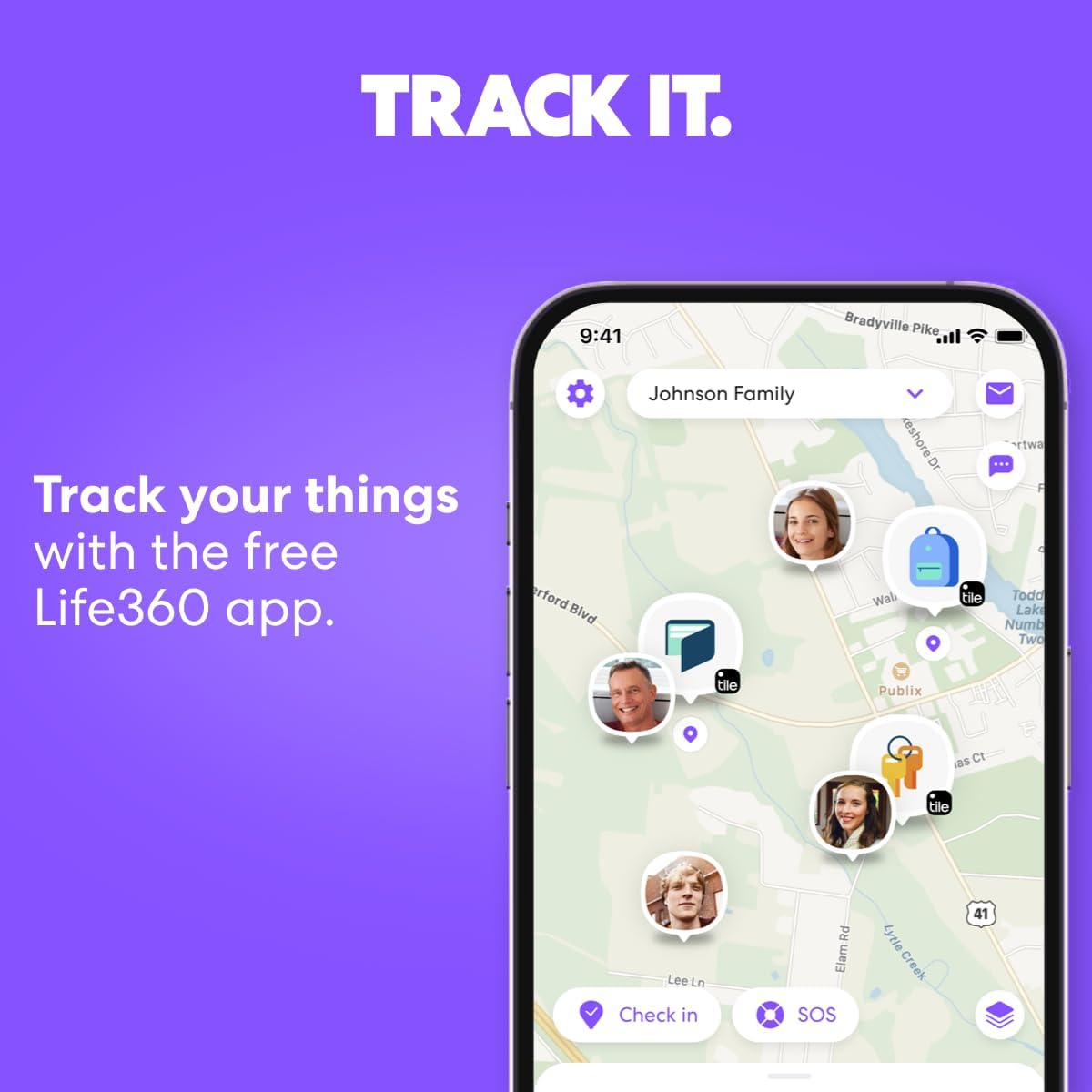 Showcases the product's ability to track and locate family members and items using a mobile app.