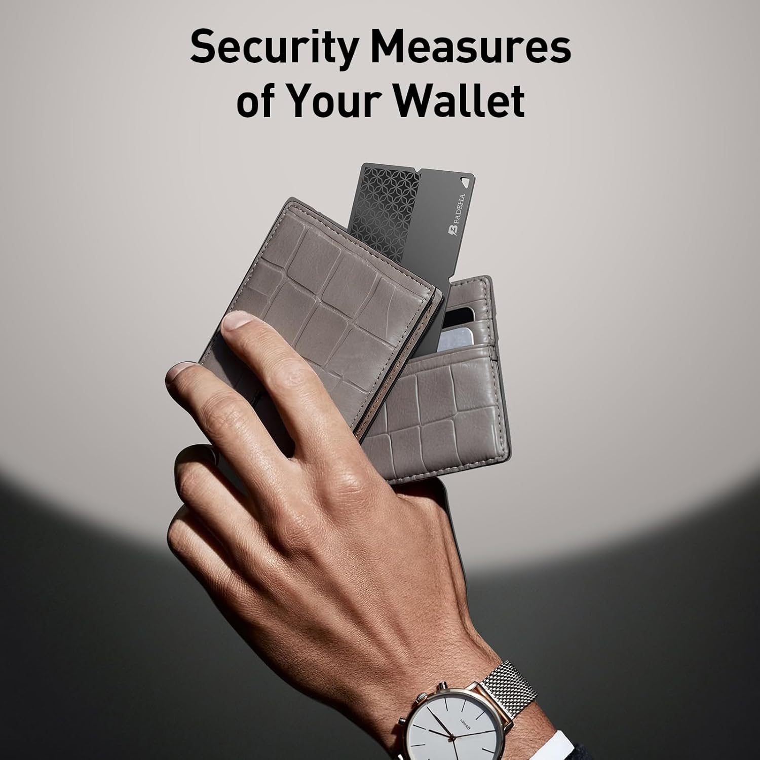 Highlights the wallet's security features to protect against electronic theft of card information.