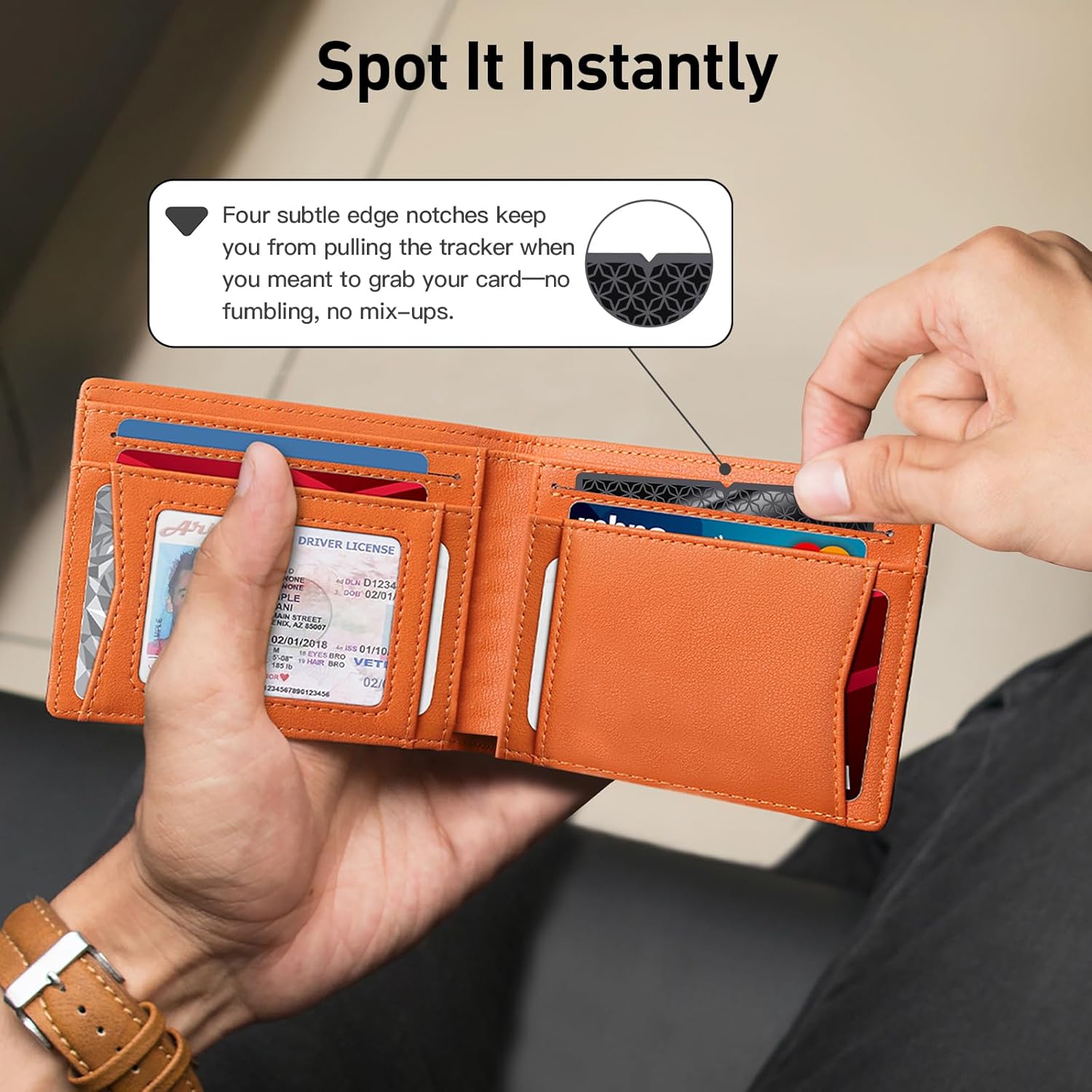 Highlights a specific design feature that prevents accidental removal of the tracker when reaching for cards, improving user experience.