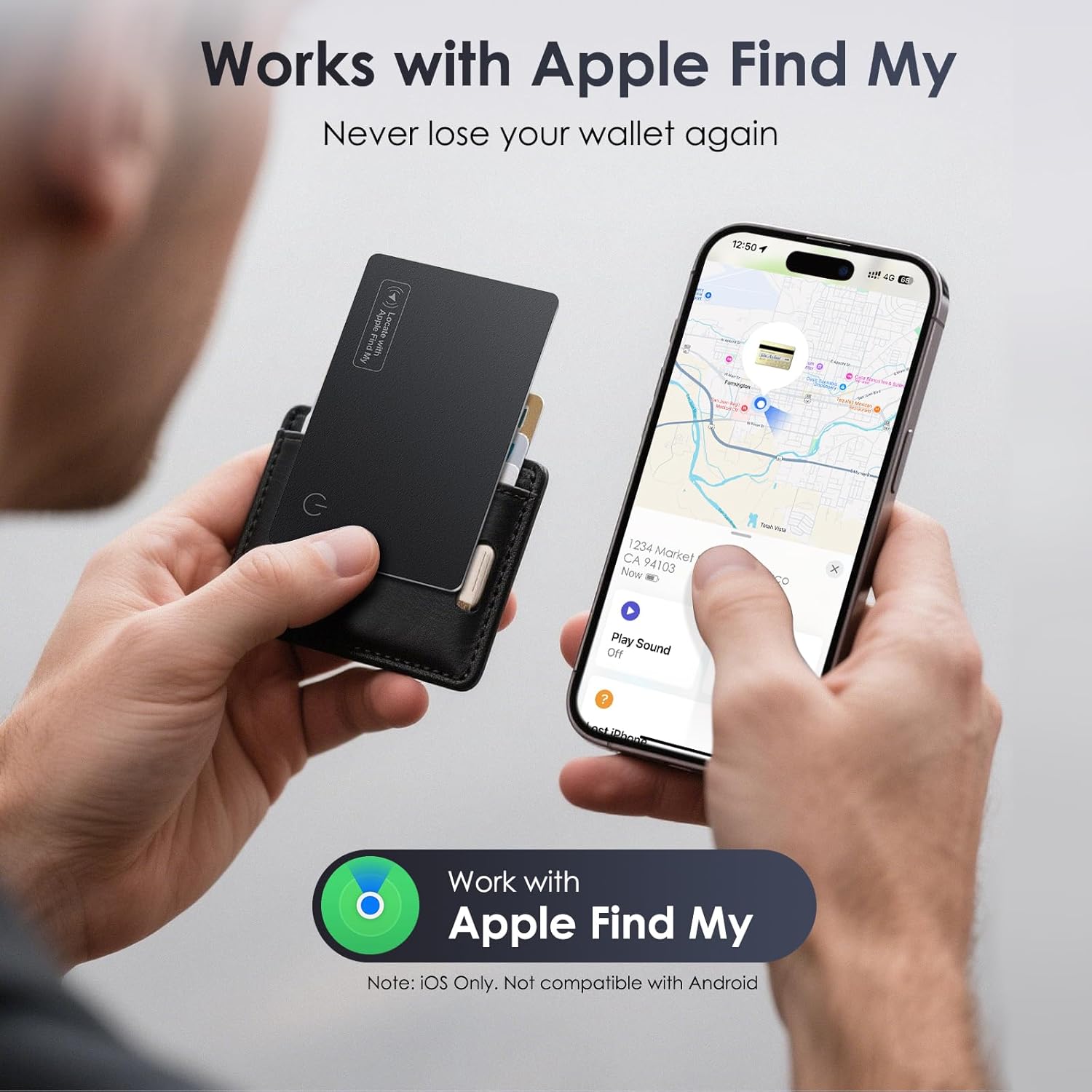 Demonstrates the product's compatibility with Apple's Find My feature, reassuring users they can easily locate their wallet if lost. Highlights the key benefit of the product - preventing wallet…