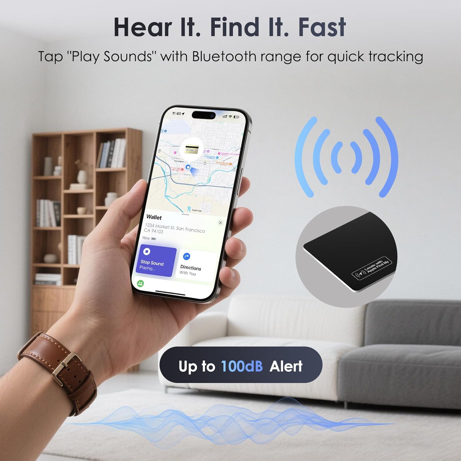 Demonstrates how to use the product's sound feature to quickly locate lost items within Bluetooth range. Highlights the loud 100dB alert feature to reassure users they can easily hear the device…