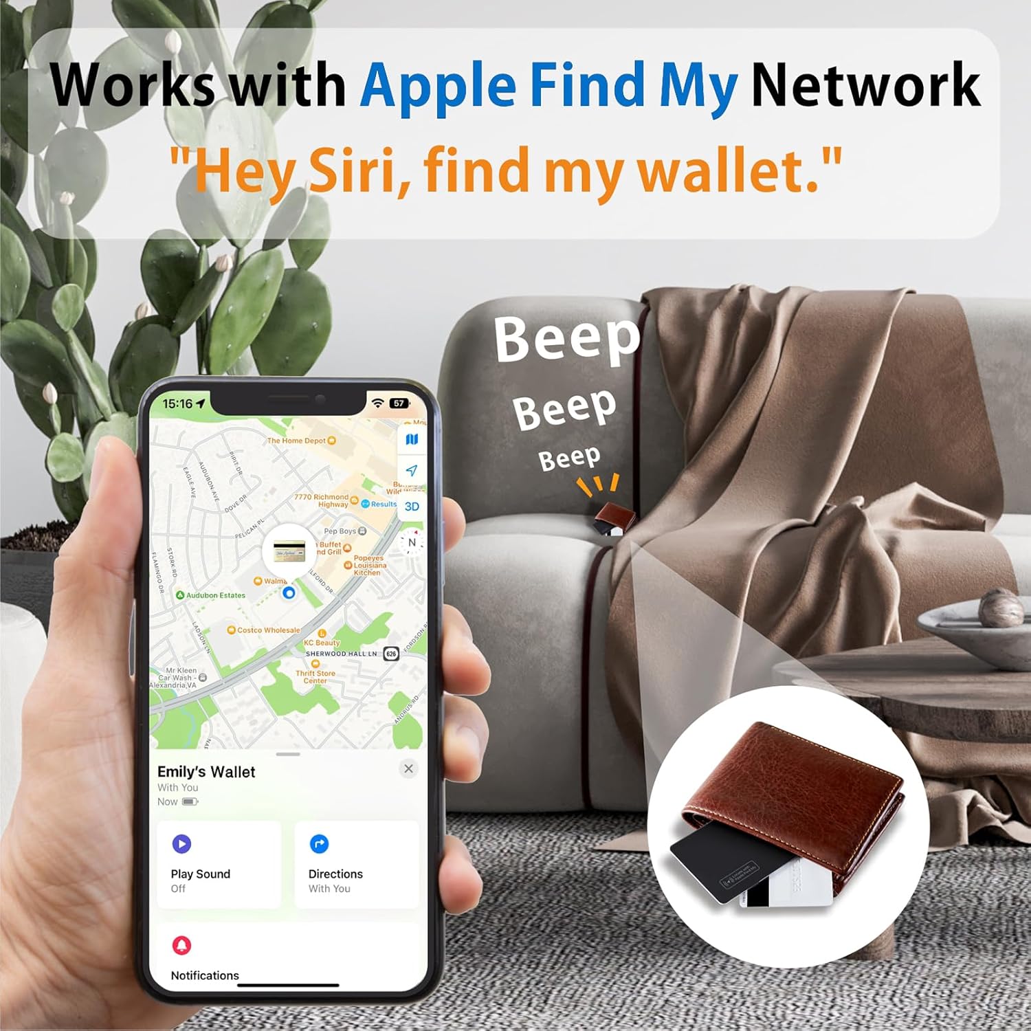 Demonstrates how the product integrates with Apple's Find My network to help locate lost items like wallets. Shows the simple process of using Siri voice command to locate the wallet, emphasizing…