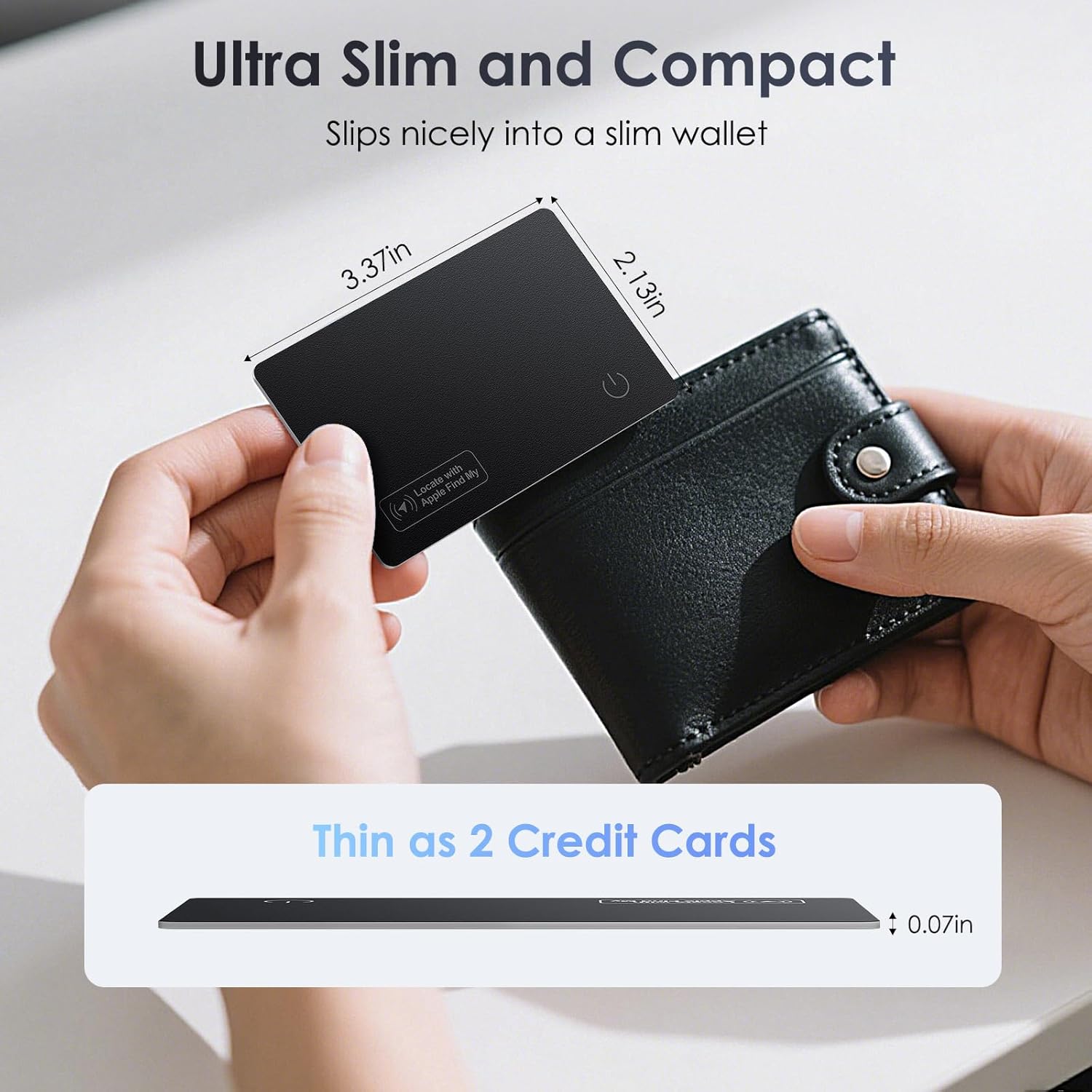 Demonstrates the product's compact size by showing its dimensions and how it fits easily into a wallet. Highlights the product's ultra-slim and compact nature, emphasizing its convenience for…