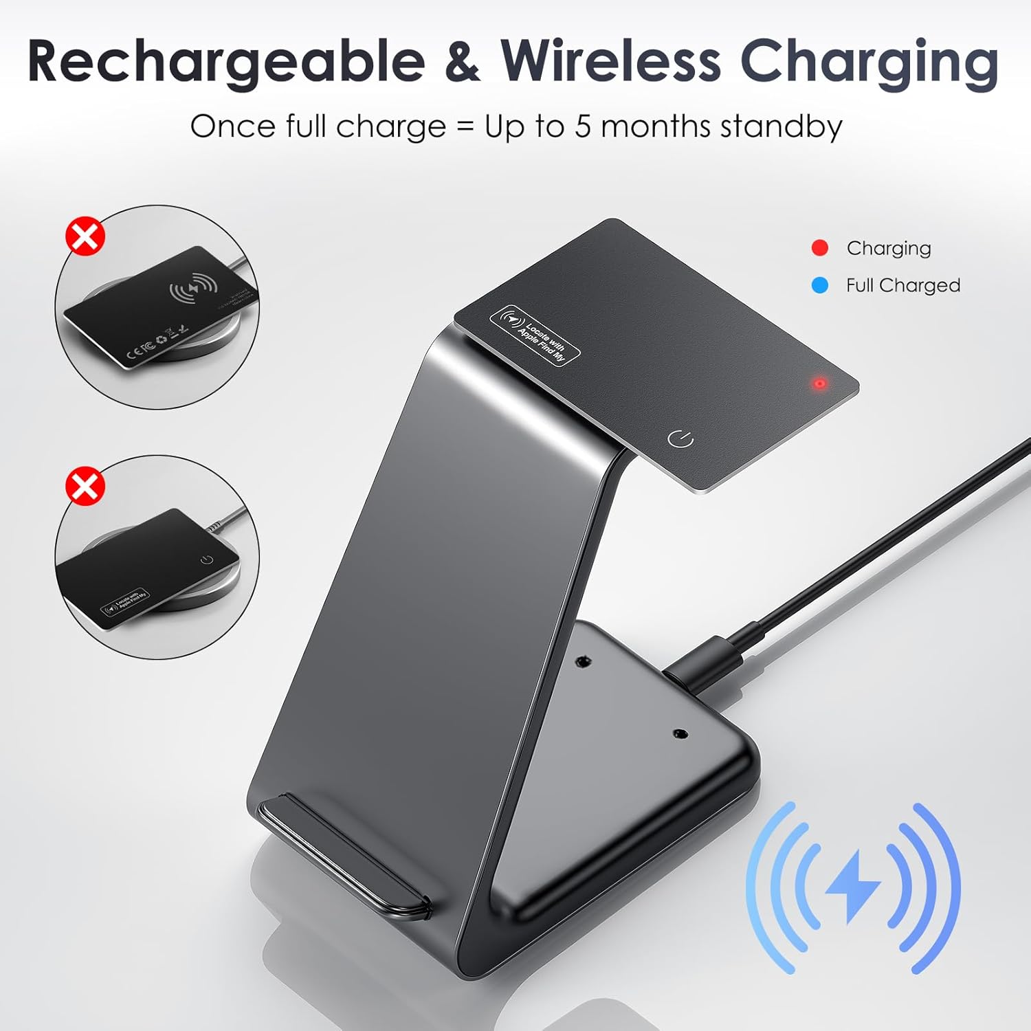 Highlights the product's rechargeable battery, wireless charging capability, and long standby time to showcase its convenience and longevity.