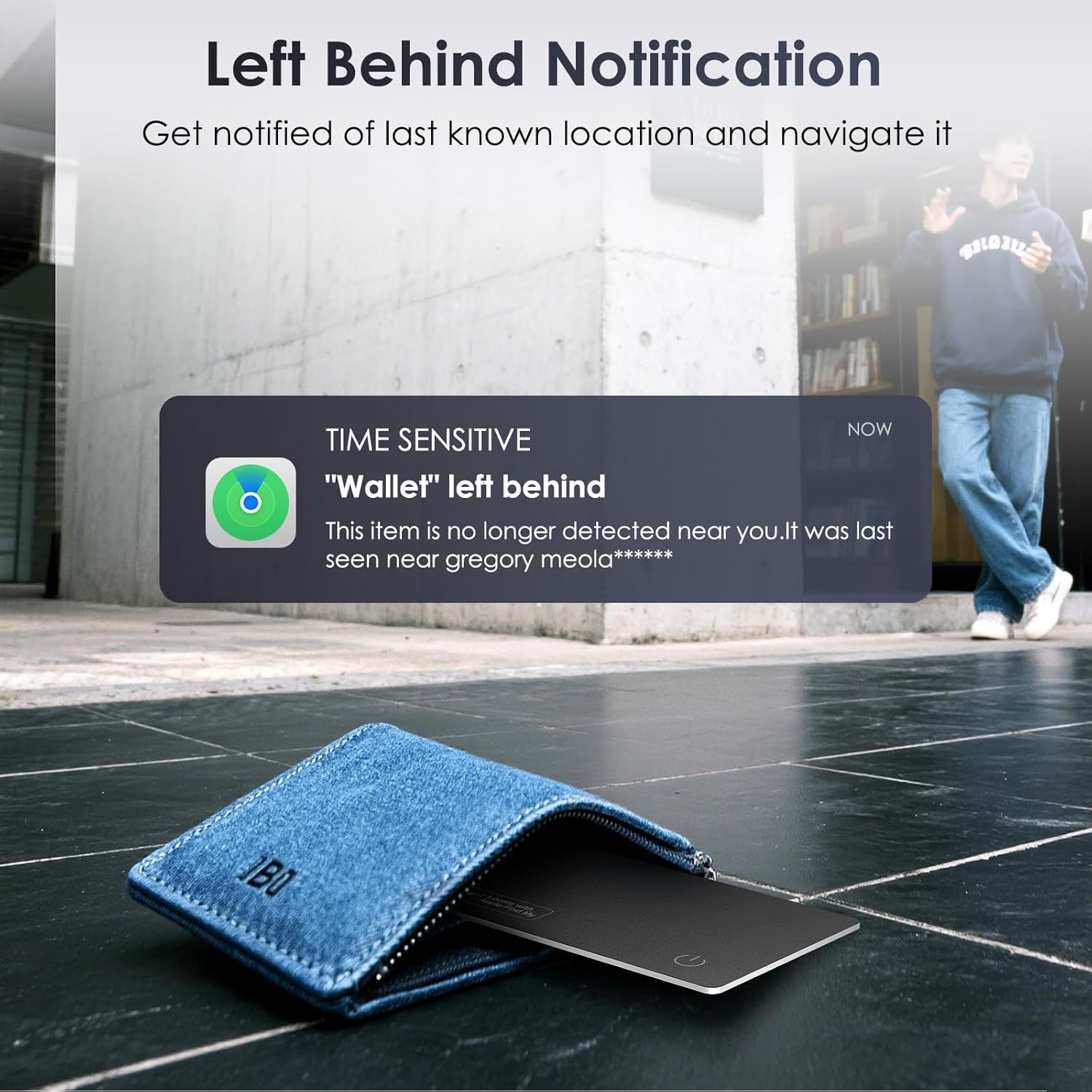 Highlights the product's ability to notify users when they've left their wallet behind, providing peace of mind and preventing loss.