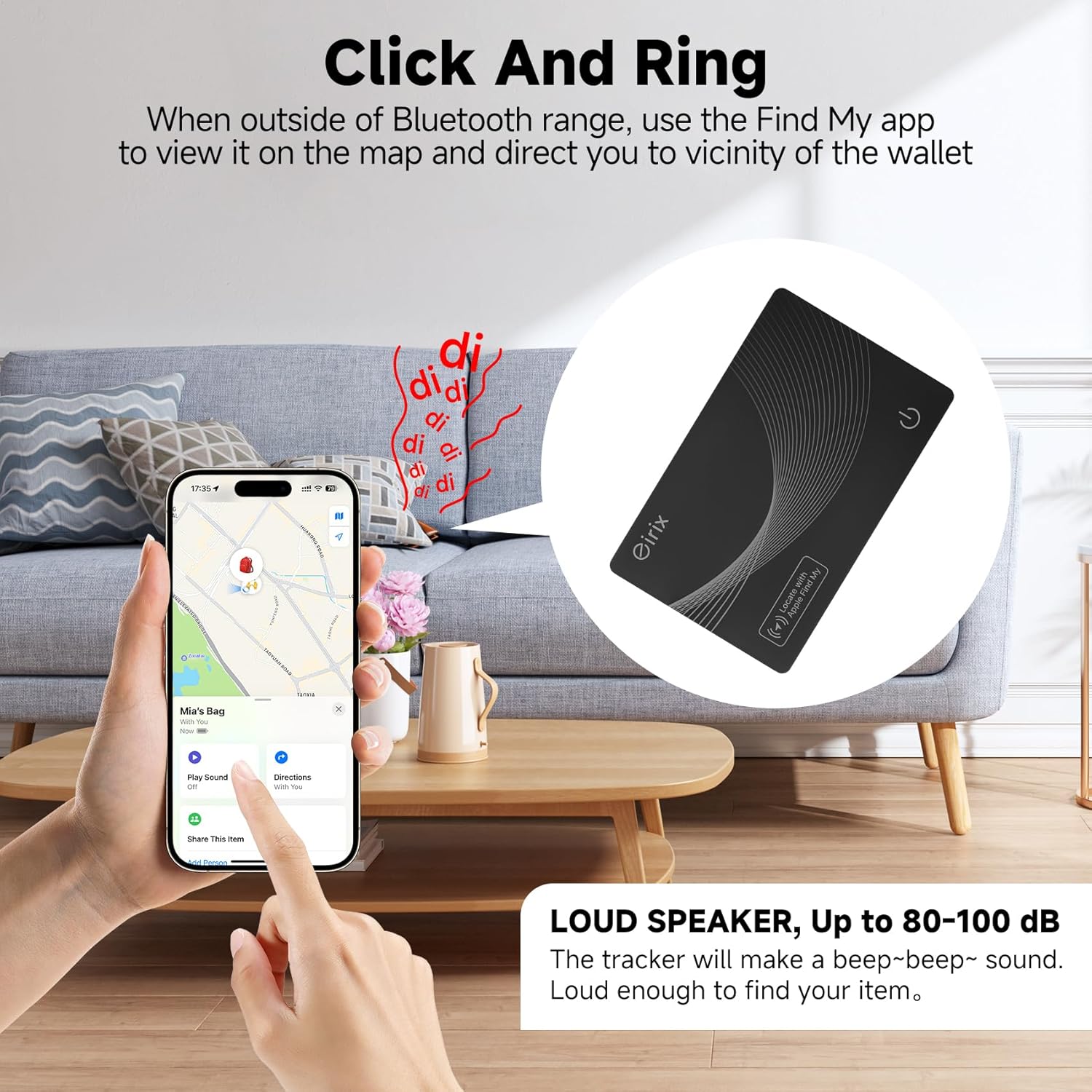 Explains how to use the product's 'Find My' feature to locate the wallet when it's outside of Bluetooth range. Highlights the wallet's loud speaker feature (80-100 dB) that helps users locate the…