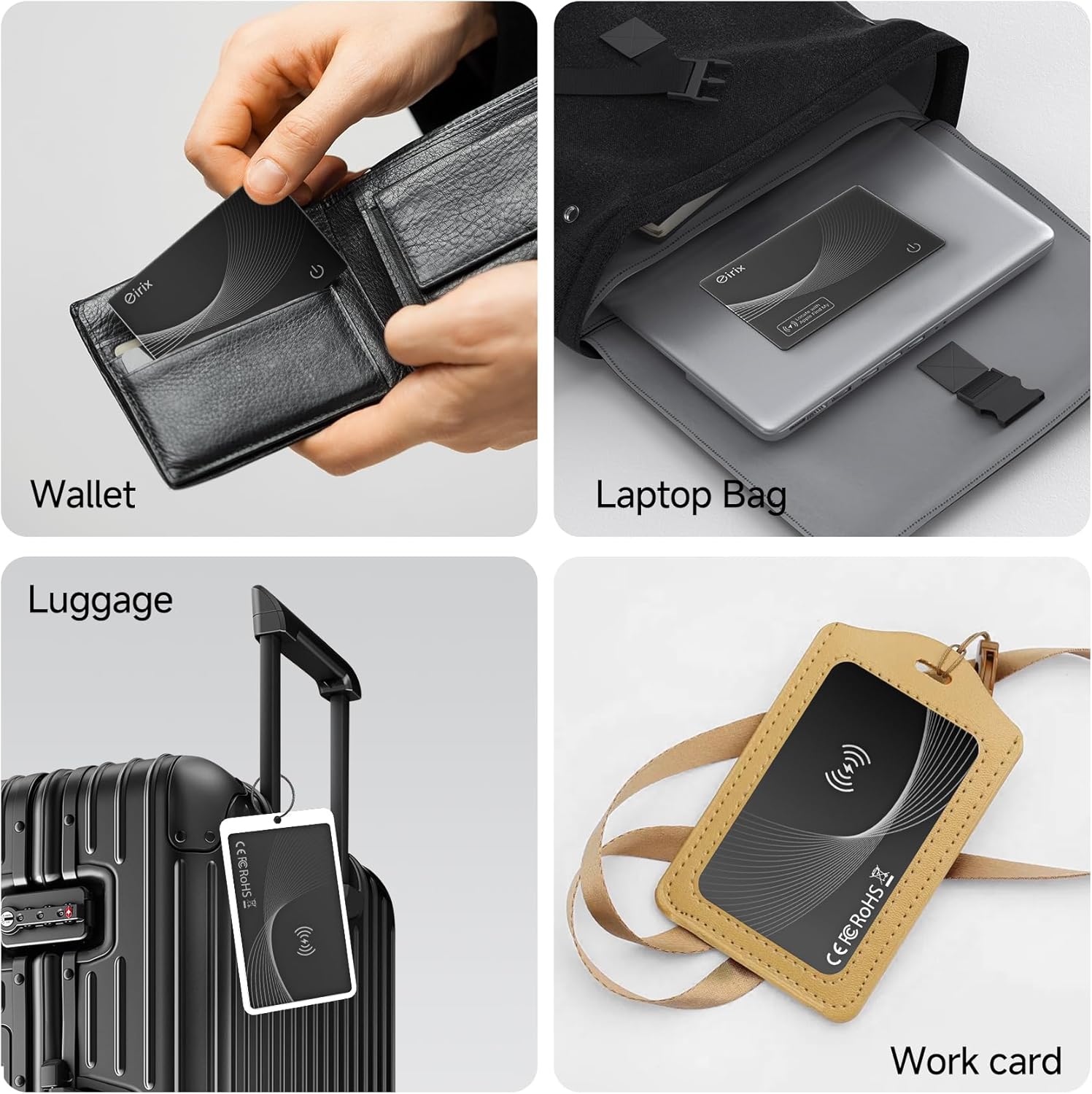 Demonstrates the versatility of the product by showing it can be used in various everyday scenarios like wallets, laptop bags, luggage, and work cards.
