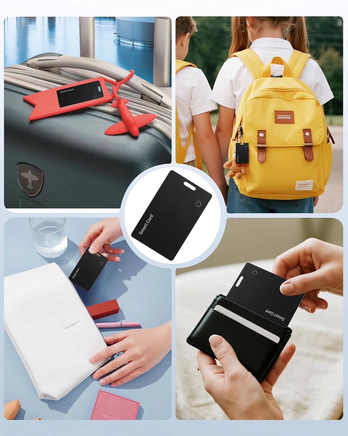 Demonstrates the versatility of the smart card product across different scenarios, showing it can be used for luggage tracking, school backpacks, and everyday carry.