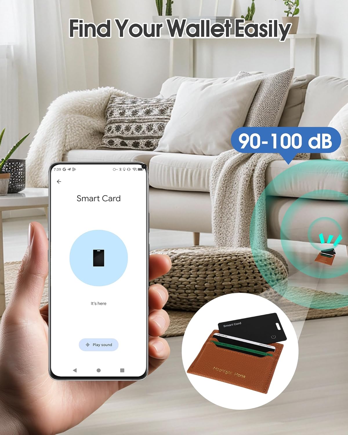 Demonstrates how the smart card helps users easily locate their wallet using a smartphone app and sound alert.