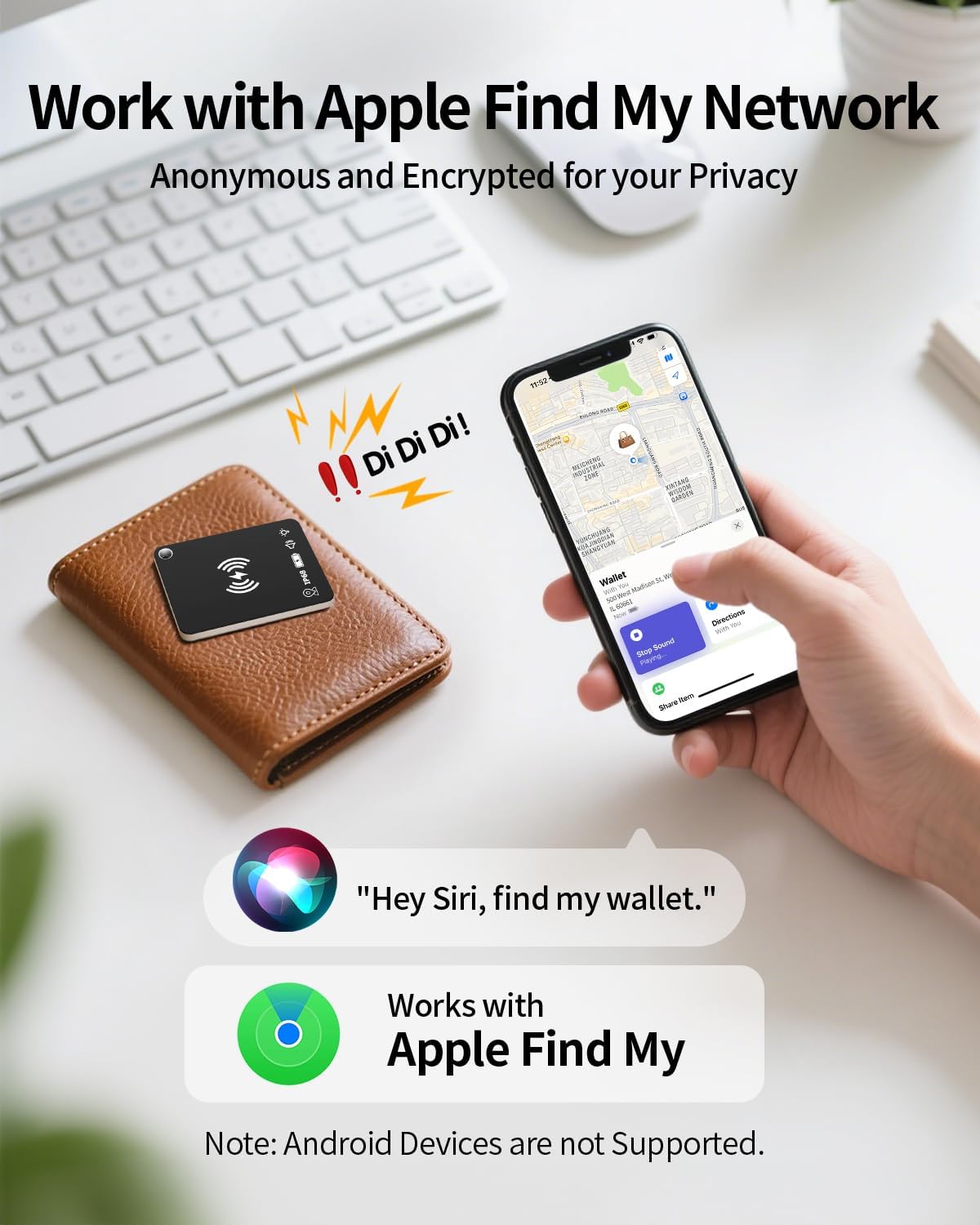 Demonstrates the product's compatibility with Apple's Find My network, emphasizing privacy and security features. Shows how to use Siri voice commands to find the wallet, highlighting ease of use.
