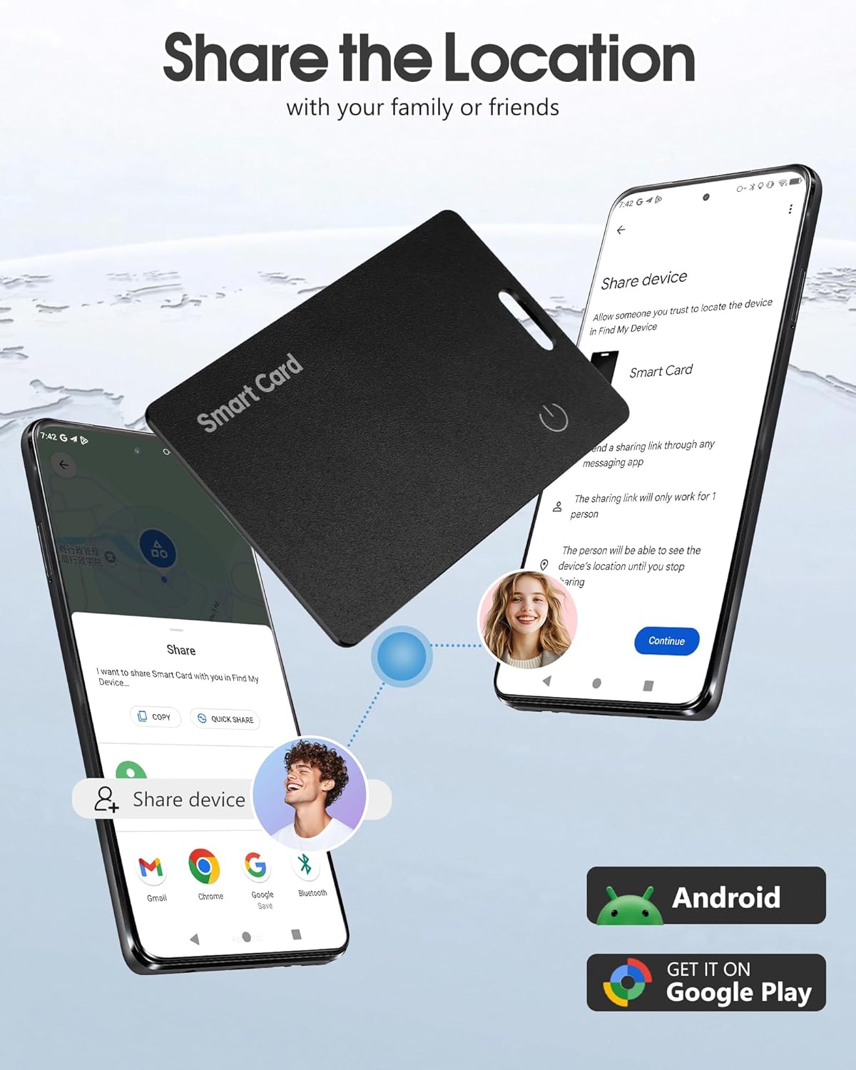 Demonstrates how to share the device's location with family or friends using the product's app. Shows that the product is compatible with Android devices and available on Google Play Store.