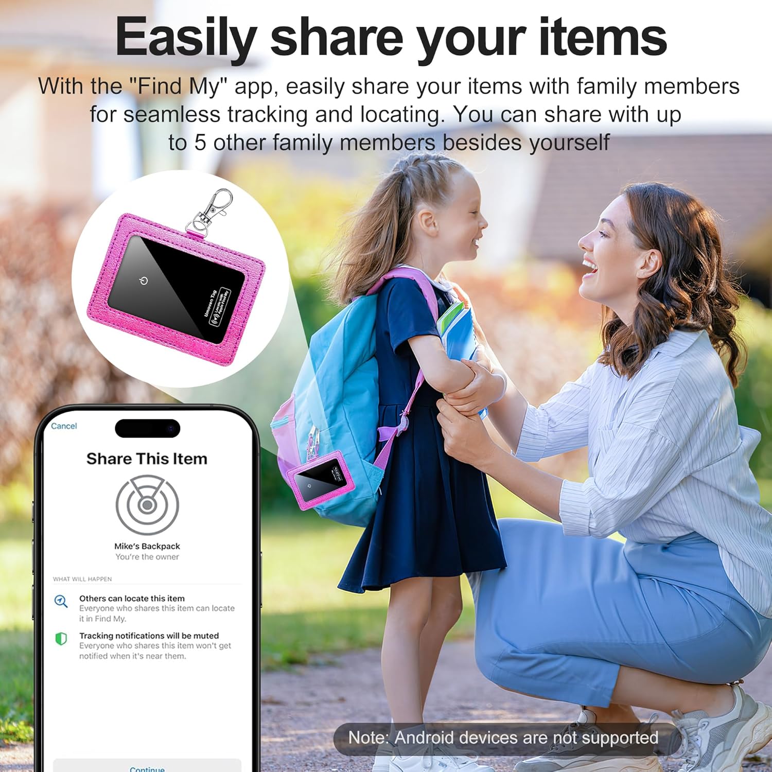 Explains how to use the app's item sharing feature with family members for tracking and locating items. Demonstrates the use case of tracking a child's backpack using the product, showing how it can…