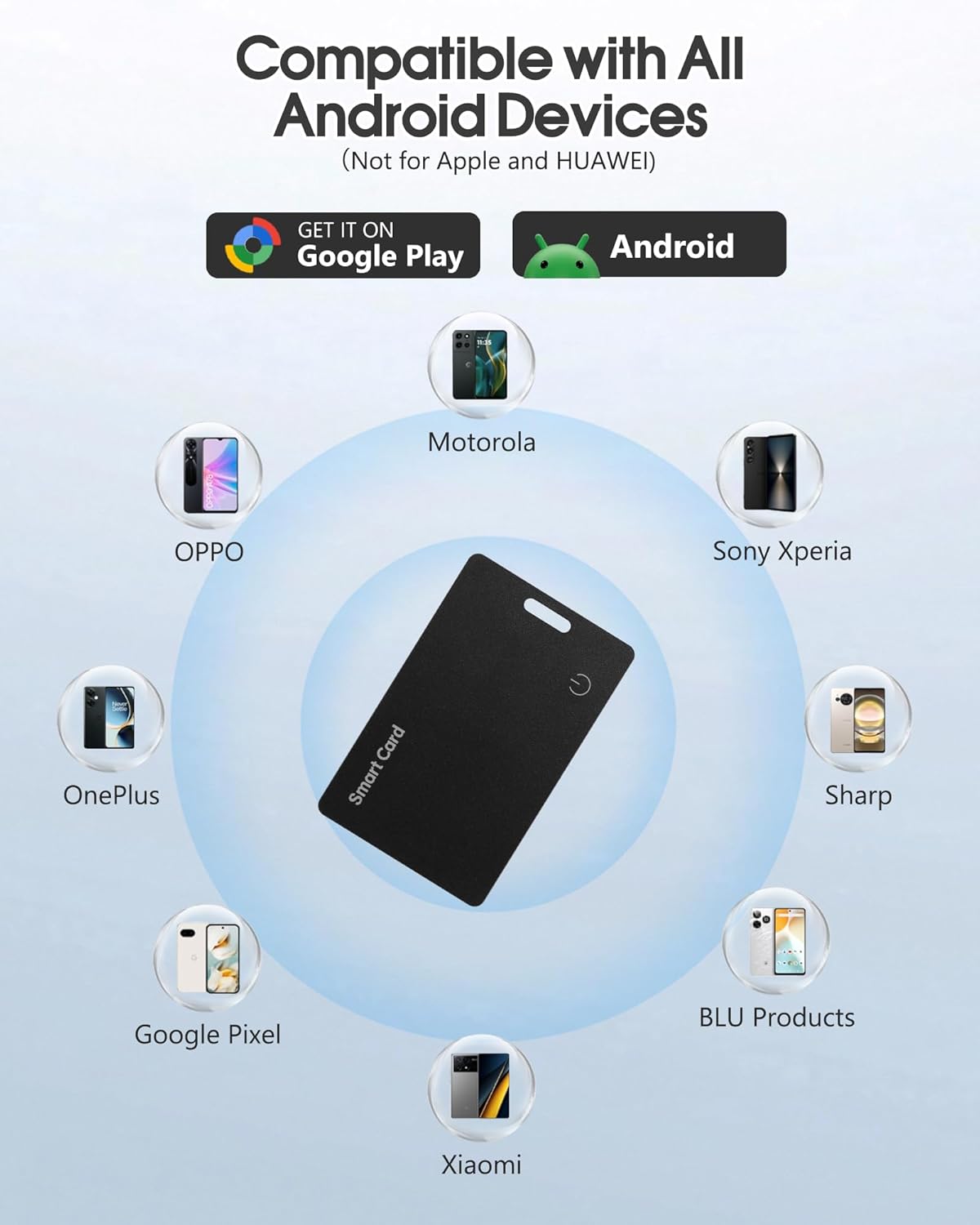 Informs customers that the product is compatible with all Android devices, except Apple and Huawei, to ensure they purchase a compatible product.