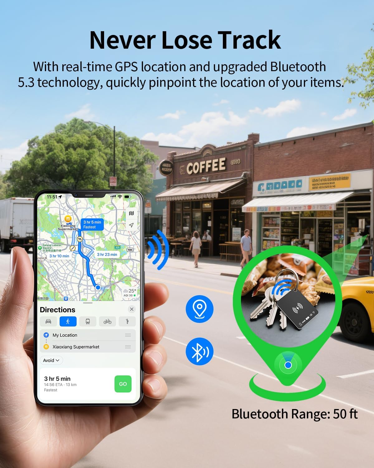 Highlights the product's ability to track items using GPS and Bluetooth technology, emphasizing the benefit of never losing track of belongings.