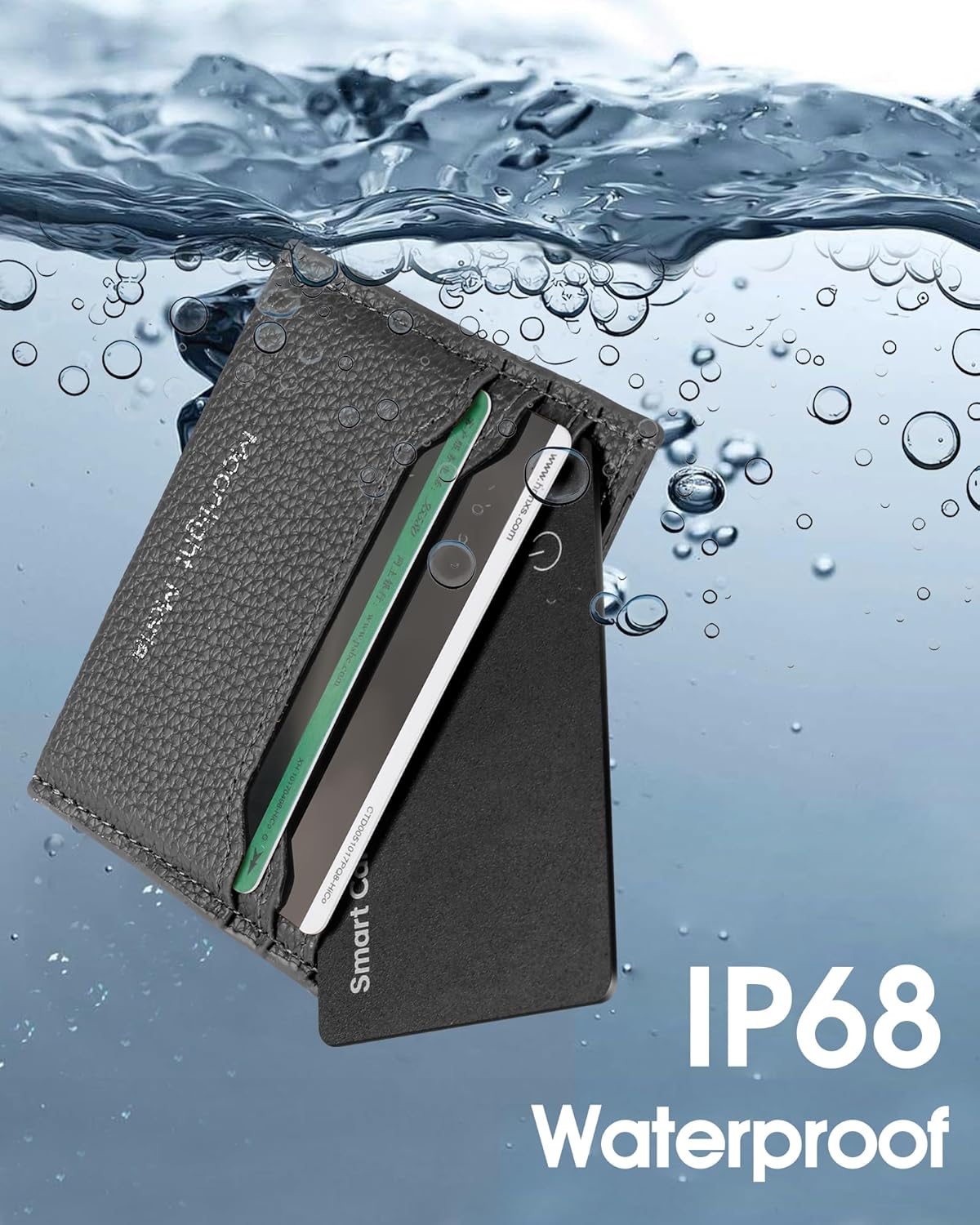 Demonstrates the wallet's waterproof capability to reassure customers about its durability and protection for their cards and cash.