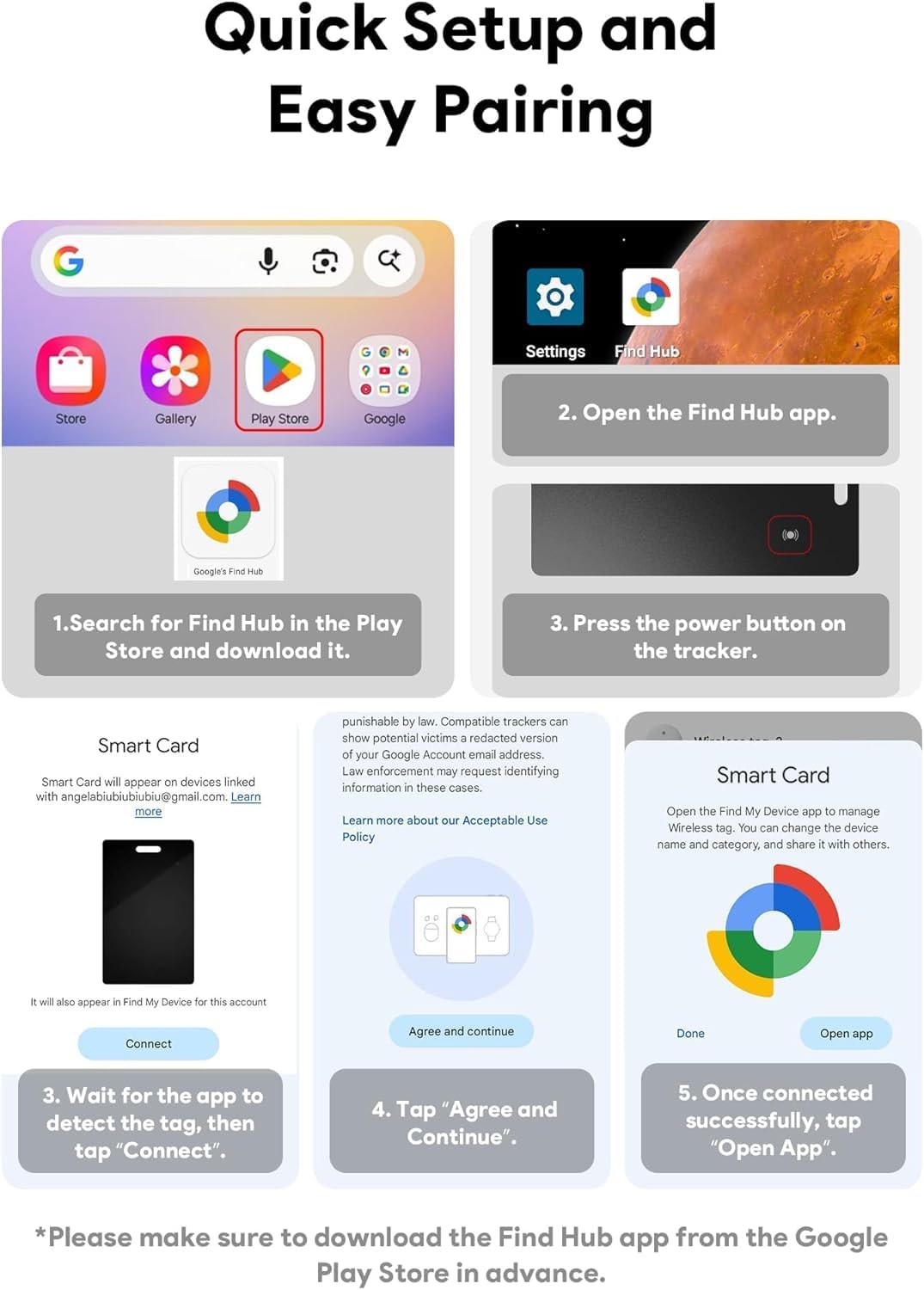Guides users through the process of setting up and pairing their device with the Find Hub app, making the onboarding process simple and clear.