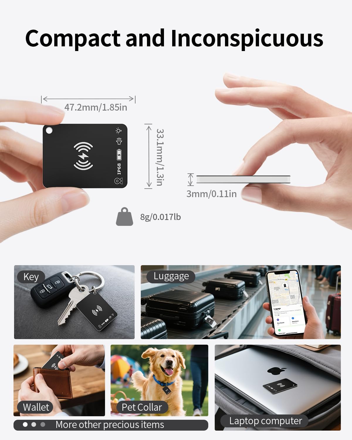 Demonstrates the product's small size and lightweight nature, emphasizing its portability and ease of use. Shows various ways the product can be used, including with keys, luggage, wallets, pet…