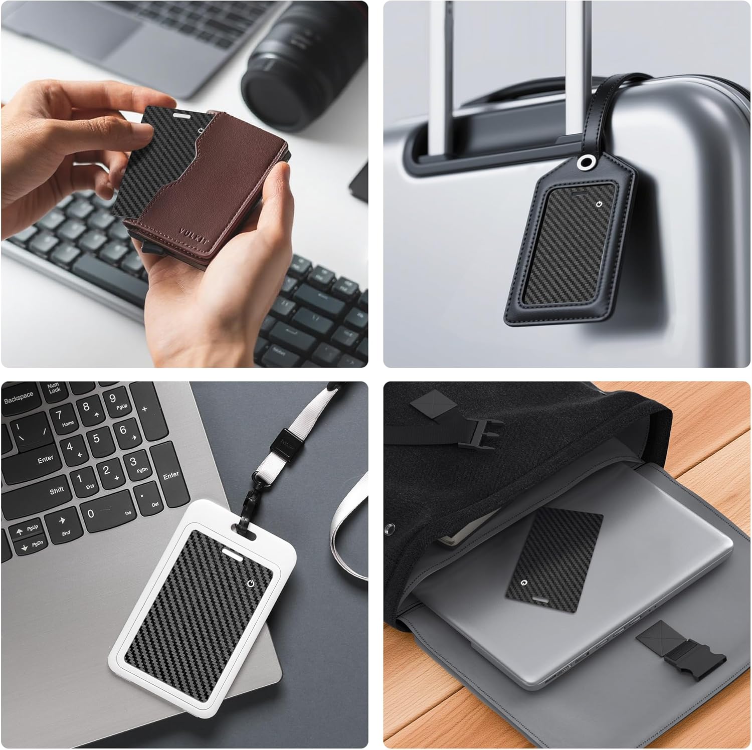 Demonstrates the product's versatility as a wallet, luggage tag, and laptop accessory for various travel and business scenarios.