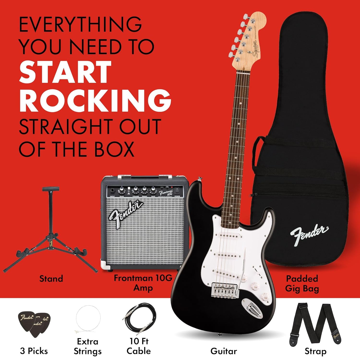 Shows all the items included in the guitar starter package, emphasizing that it contains everything needed to begin playing immediately.