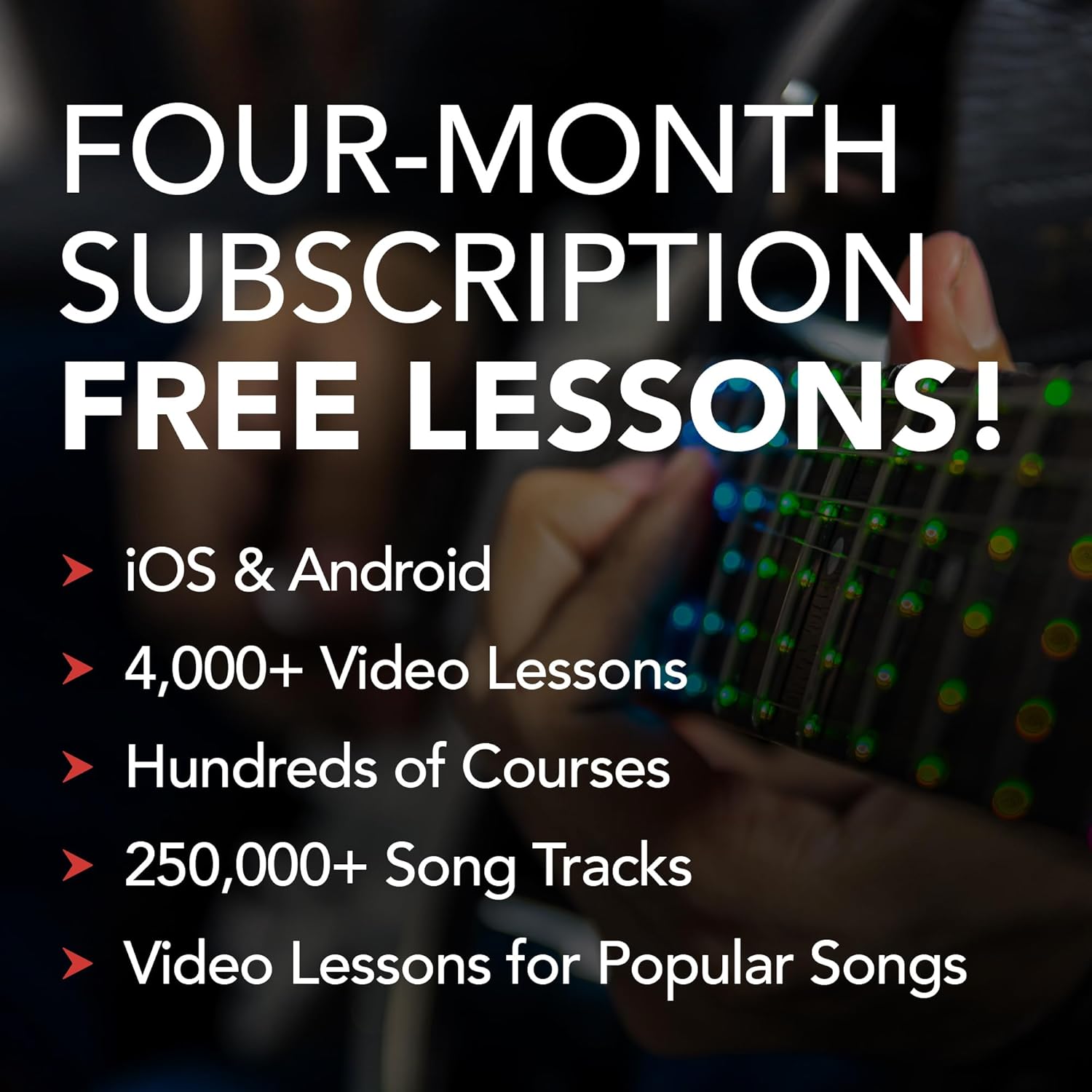 Highlights multiple benefits of the subscription service, including free lessons, video content, and song tracks to attract potential subscribers.